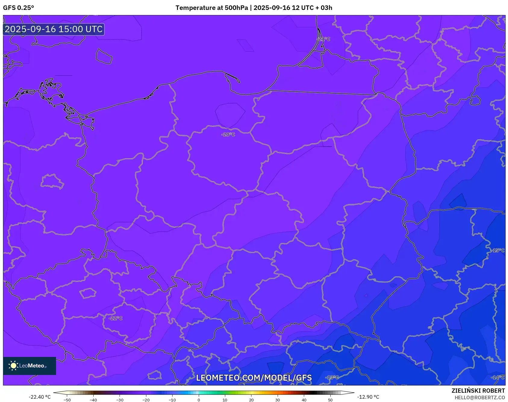 GFS model - Poland, Temperature at 500hPa