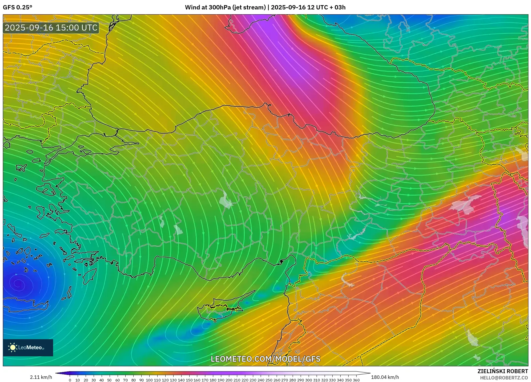GFS model - Turkey, Wind at 300hPa (jet stream)
