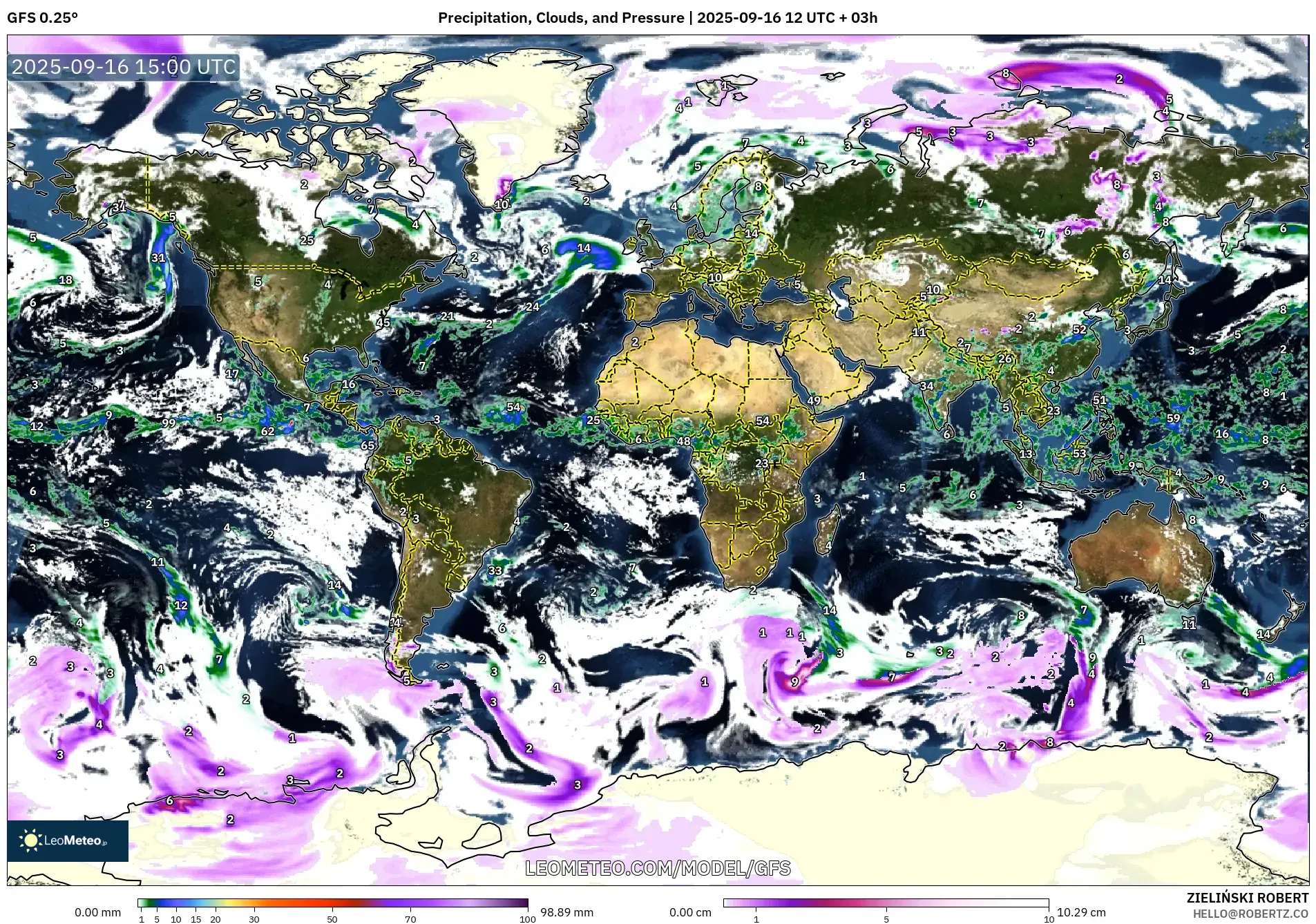 GFS model - World, Precipitation, Clouds, and Pressure