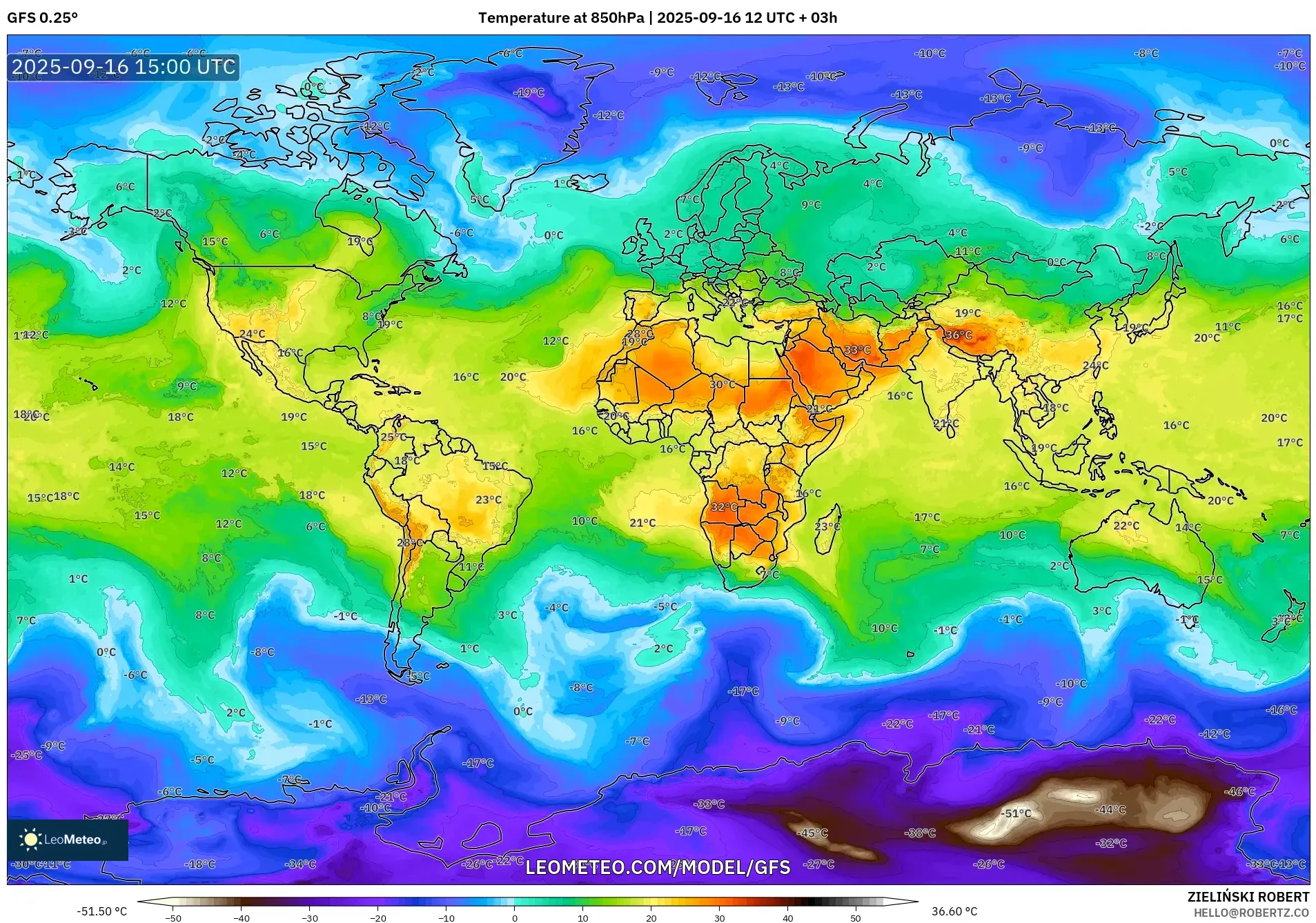 GFS model - World, Temperature at 850hPa