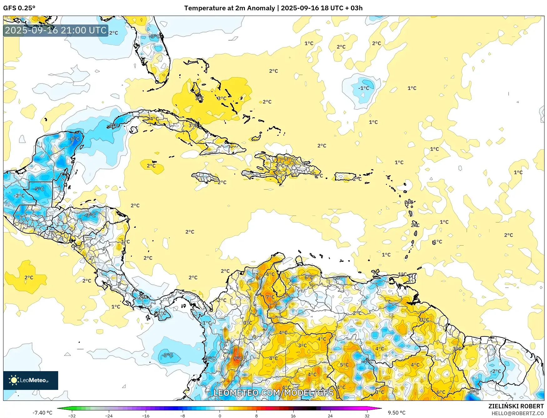 GFS model - Caribbean, Temperature at 2m Anomaly GFS model - Caribbean, Temperature at 2m Anomaly