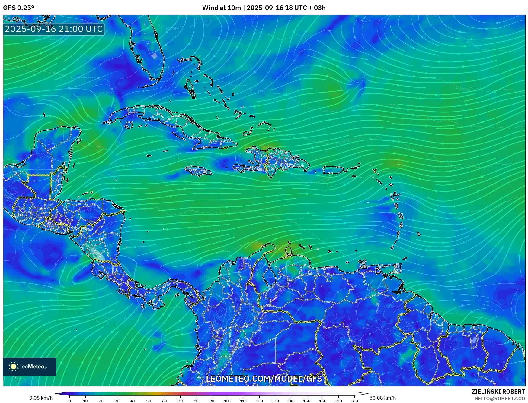 GFS model - Caribbean, Wind at 10m GFS model - Caribbean, Wind at 10m