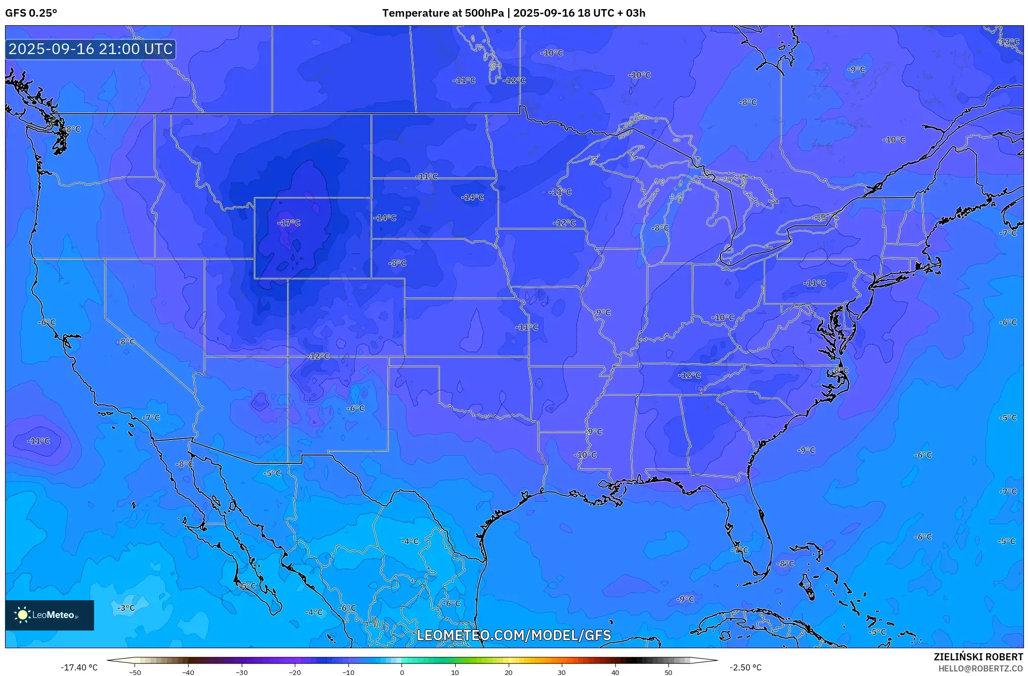 GFS model - United States, Temperature at 500hPa