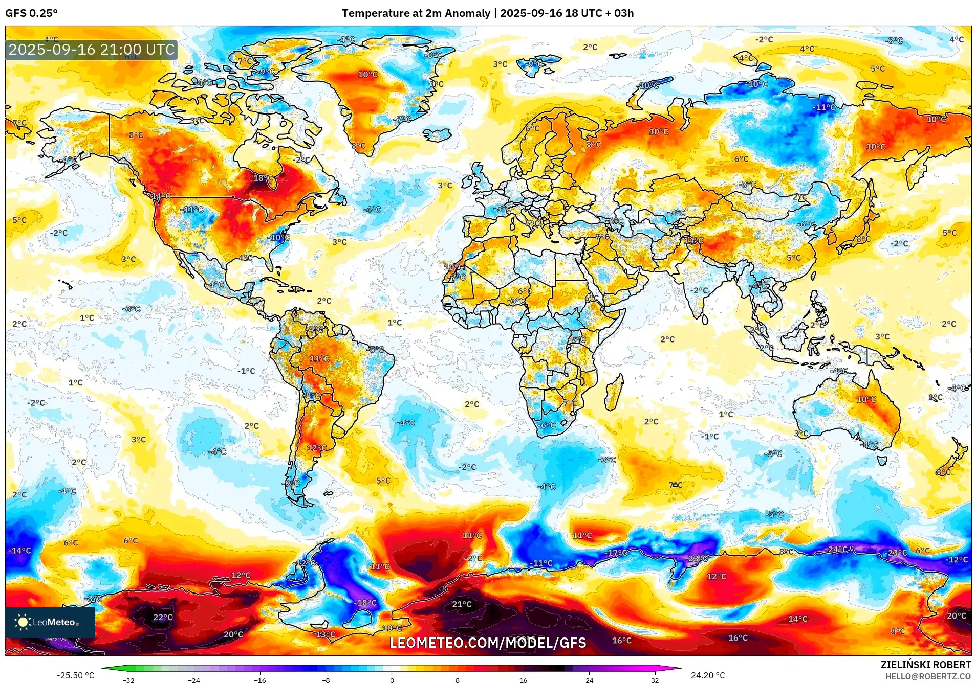 GFS model - World, Temperature at 2m Anomaly
