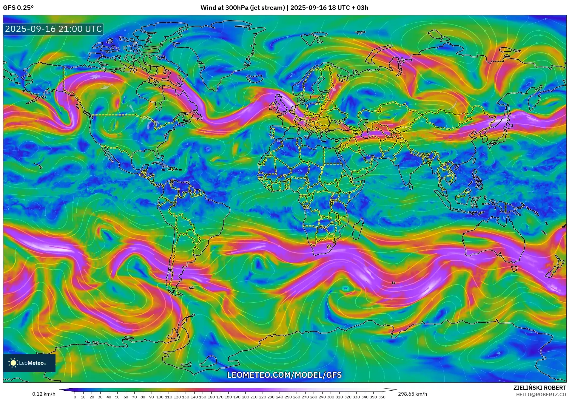 GFS model - World, Wind at 300hPa (jet stream) GFS model - World, Wind at 300hPa (jet stream)
