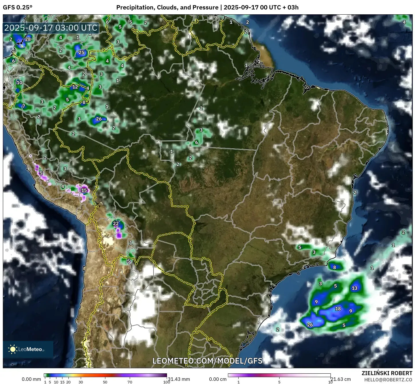GFS model - Brazil, Precipitation, Clouds, and Pressure