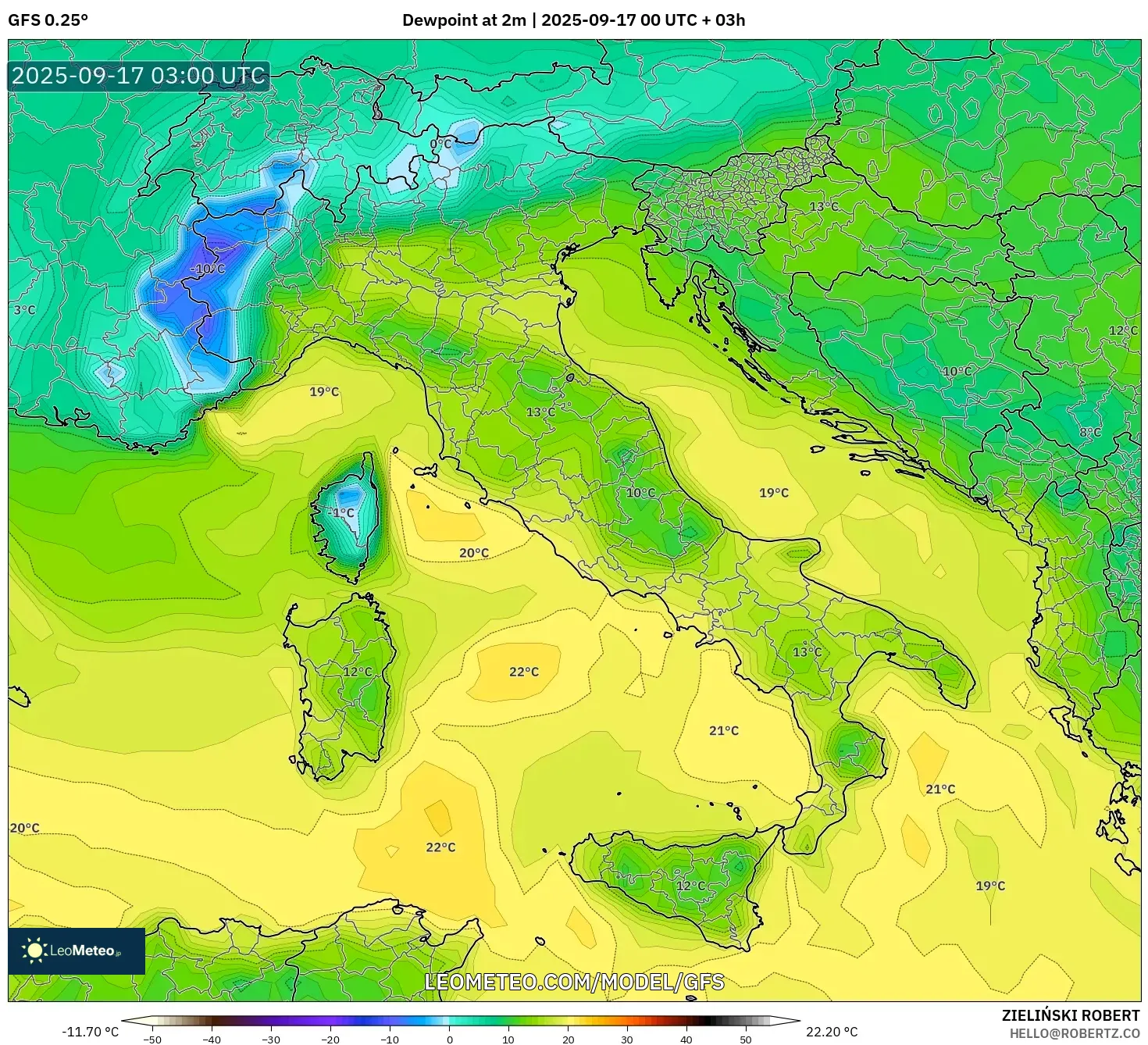 GFS model - Italy, Dewpoint at 2m