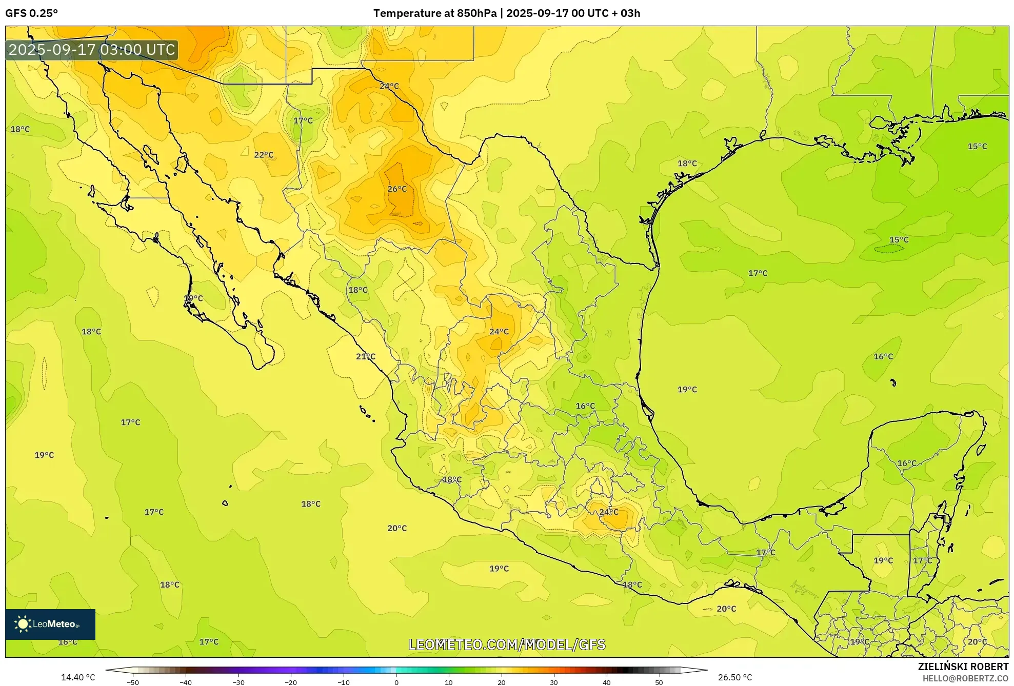 GFS model - Mexico, Temperature at 850hPa