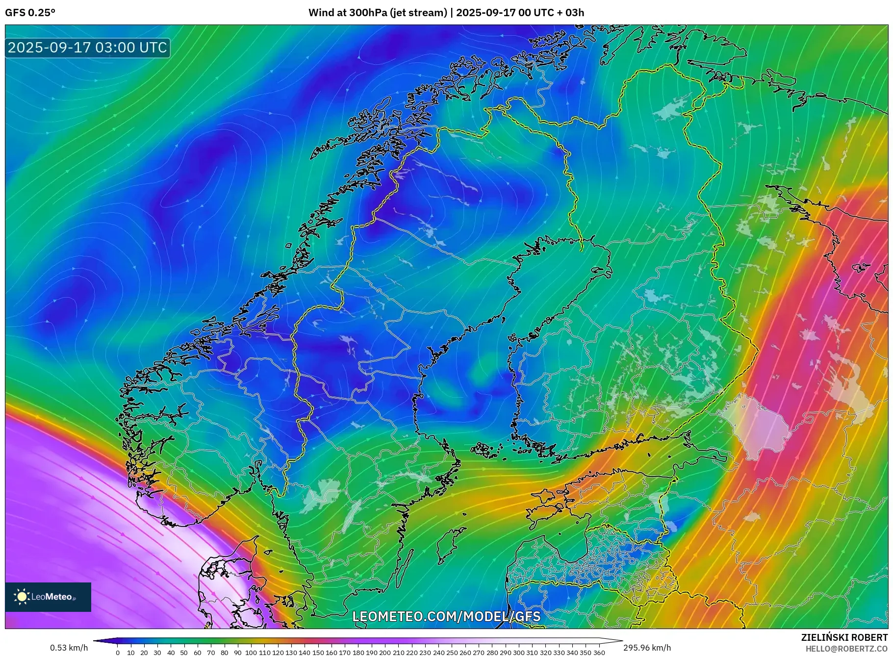 GFS model - Scandinavia, Wind at 300hPa (jet stream)