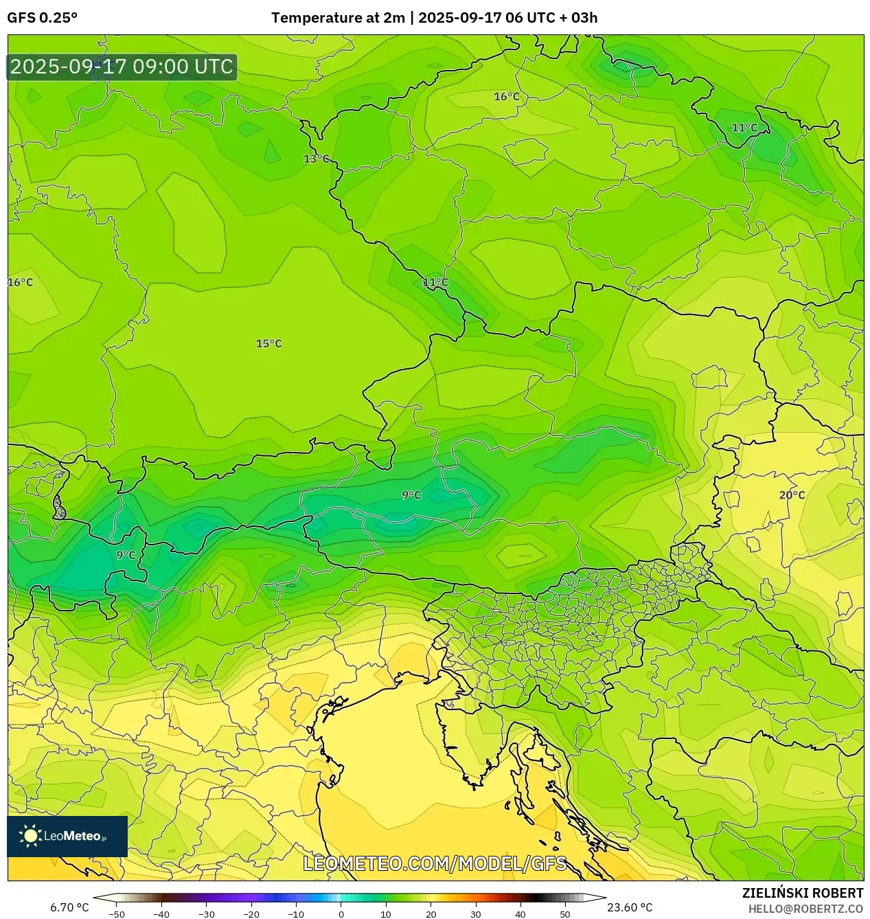 GFS model - Austria, Temperature at 2m GFS model - Austria, Temperature at 2m