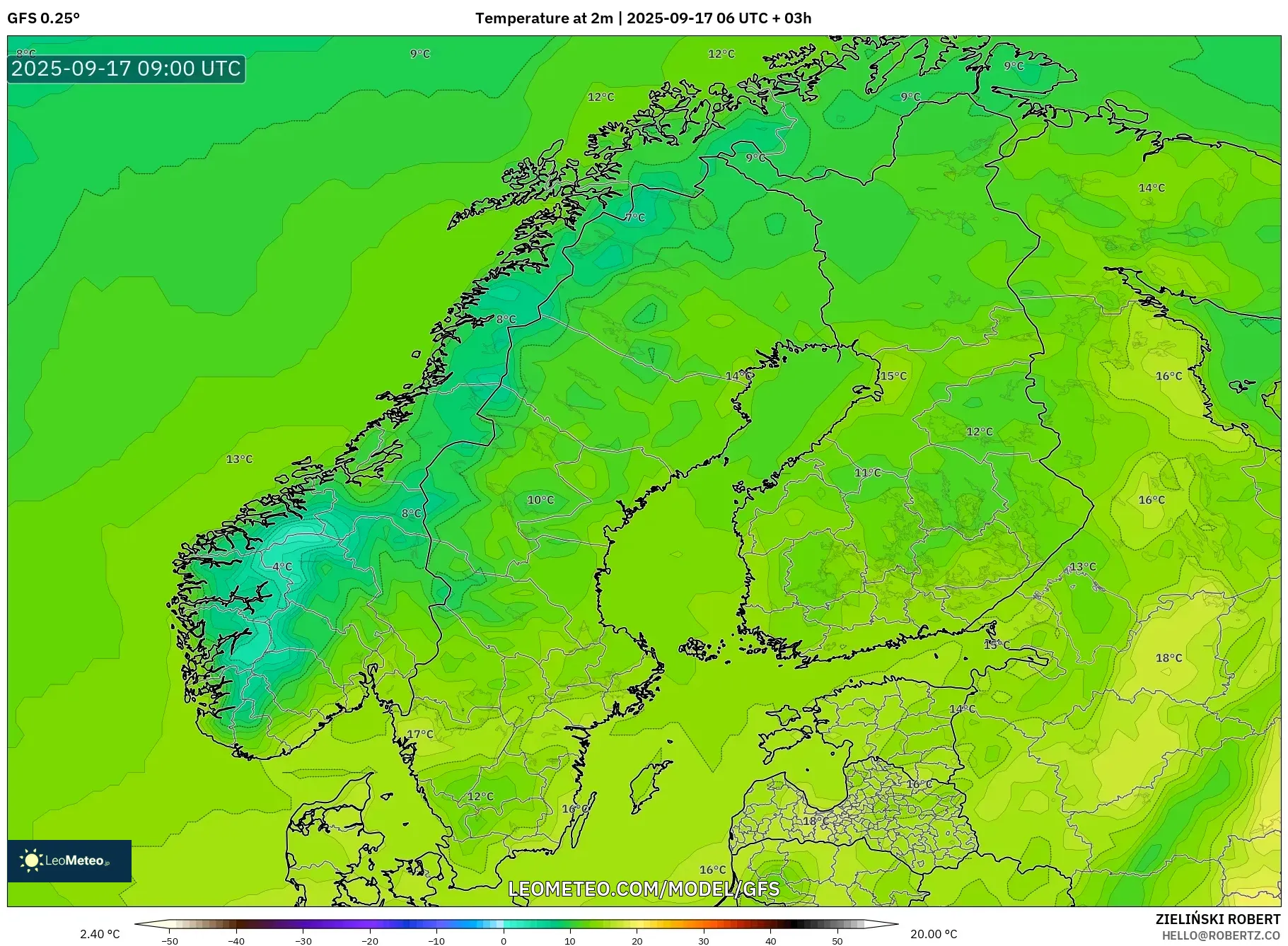 GFS model - Scandinavia, Temperature at 2m GFS model - Scandinavia, Temperature at 2m
