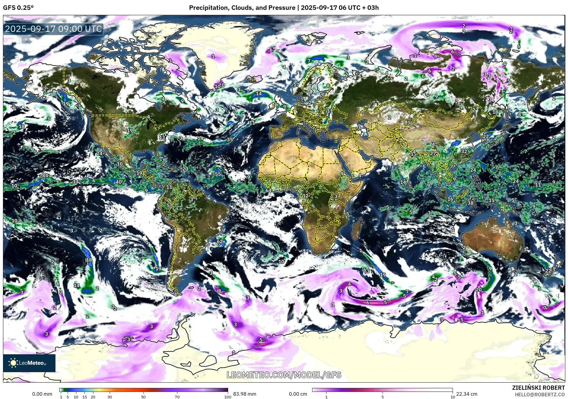 GFS model - World, Precipitation, Clouds, and Pressure
