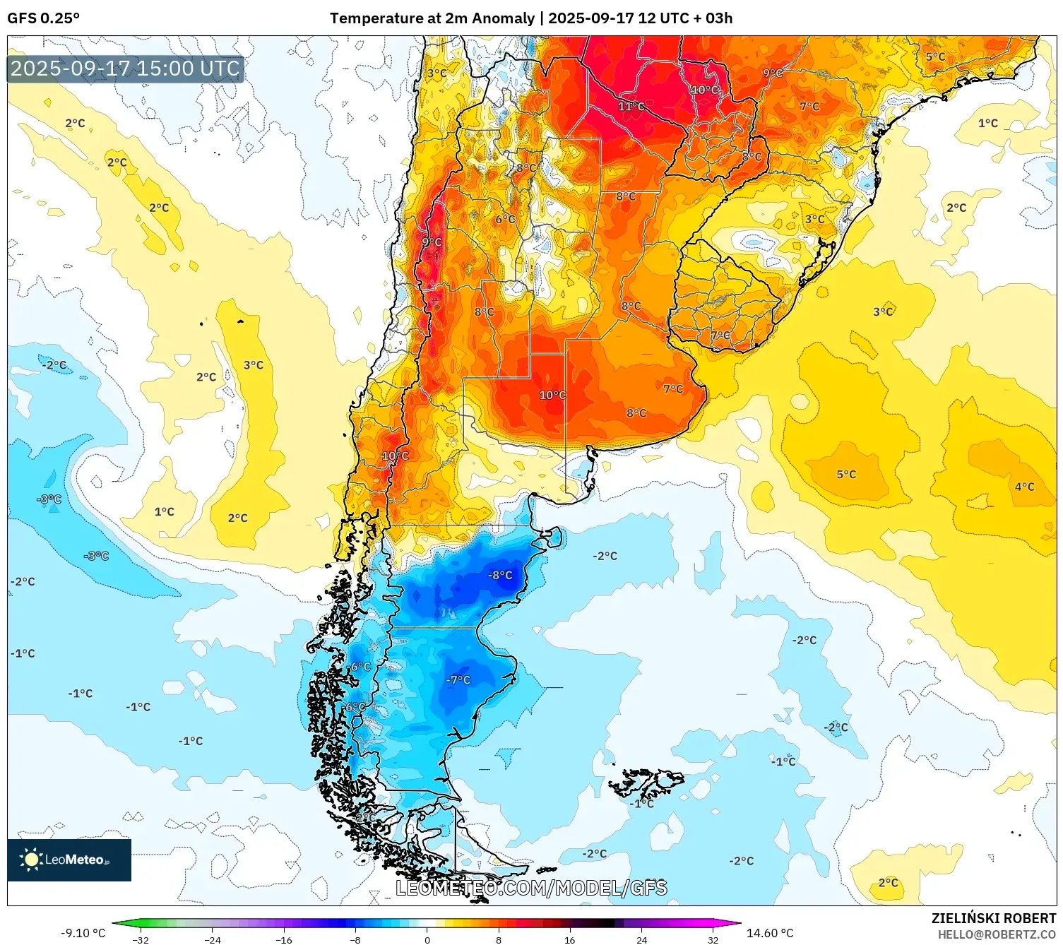 GFS model - Argentina, Temperature at 2m Anomaly