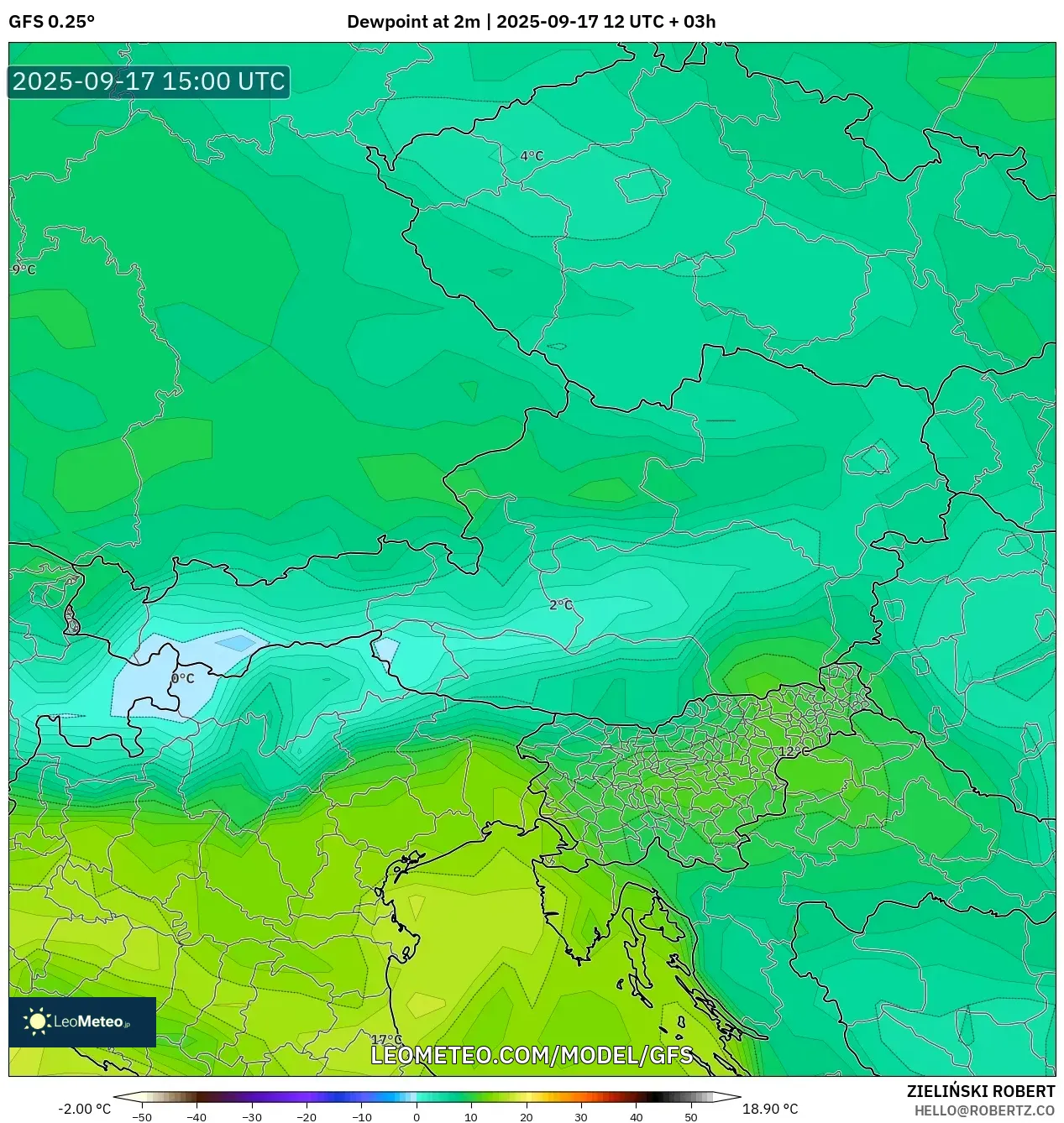 GFS model - Austria, Dewpoint at 2m GFS model - Austria, Dewpoint at 2m