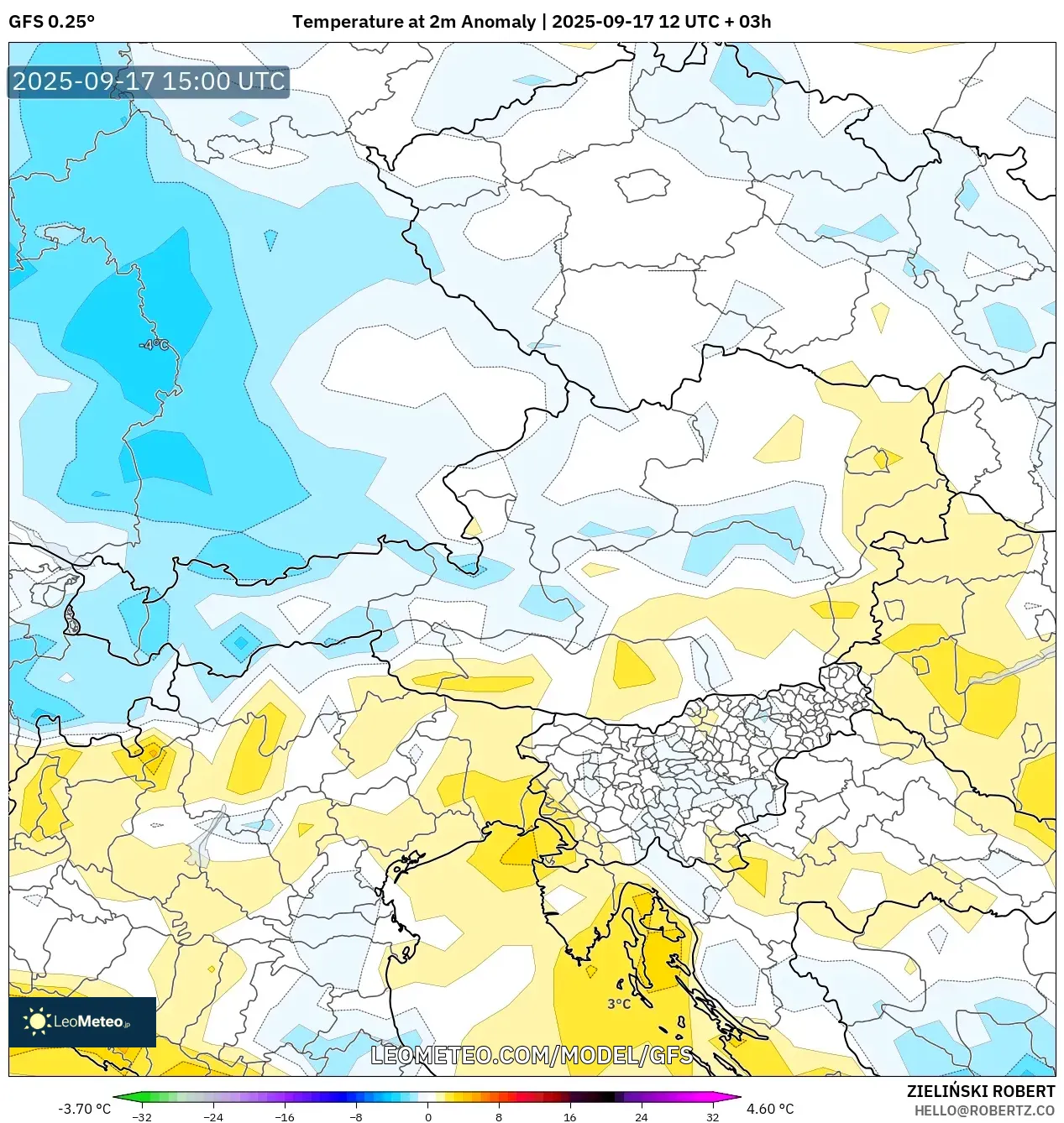 GFS model - Austria, Temperature at 2m Anomaly