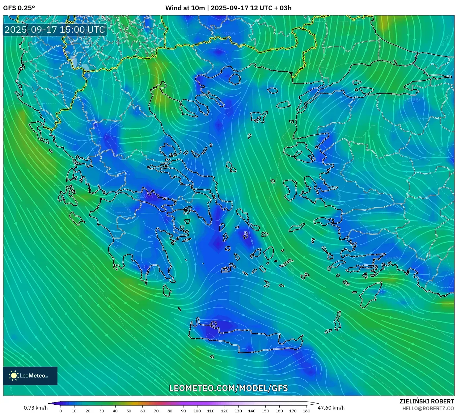 GFS model - Greece, Wind at 10m
