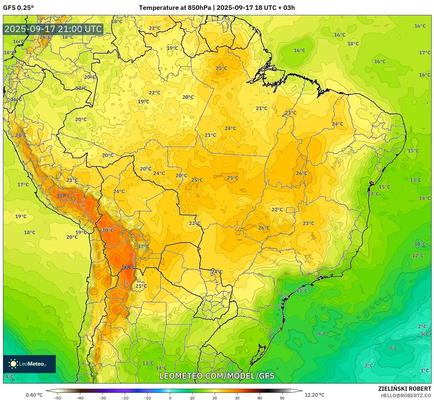 GFS model - Brazil, Temperature at 850hPa