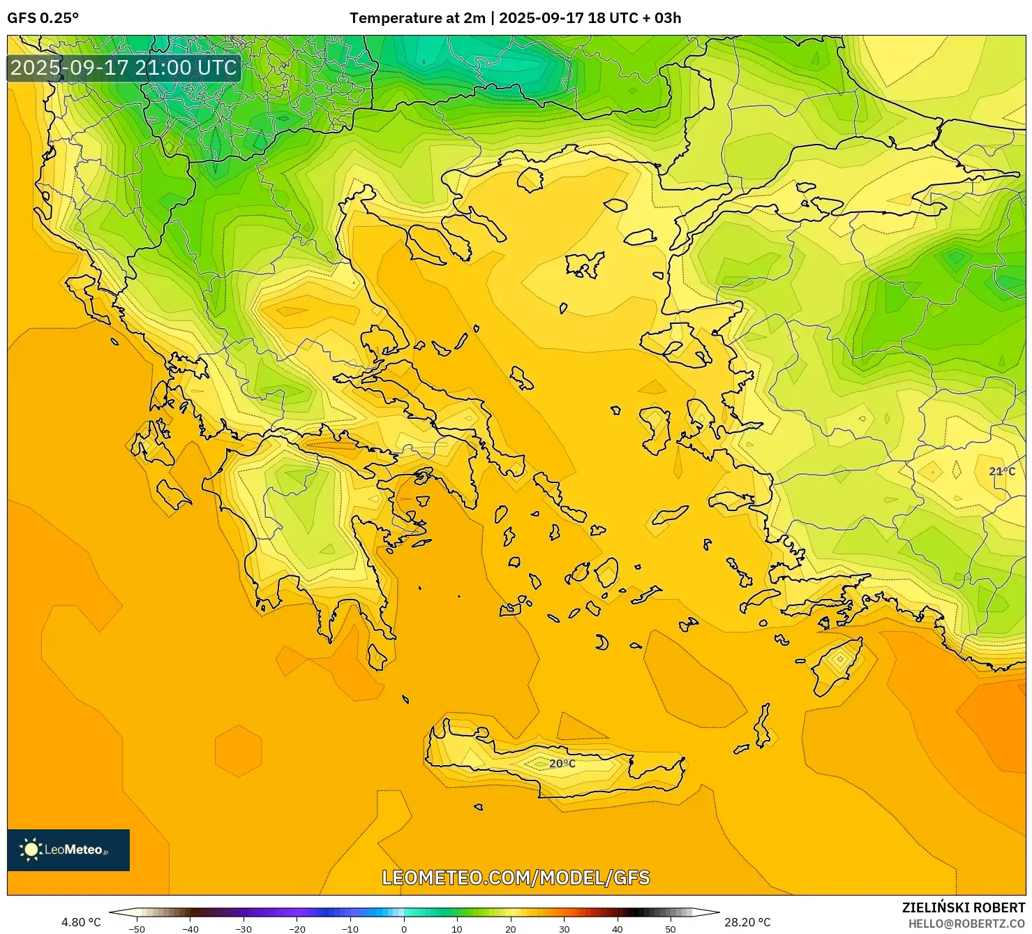 GFS model - Greece, Temperature at 2m