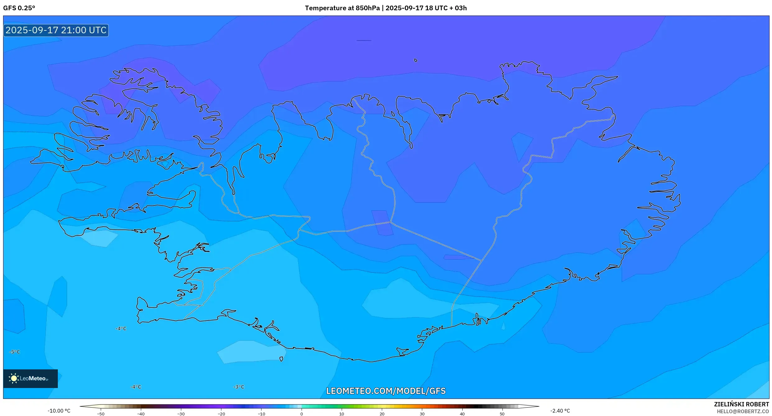 GFS model - Iceland, Temperature at 850hPa