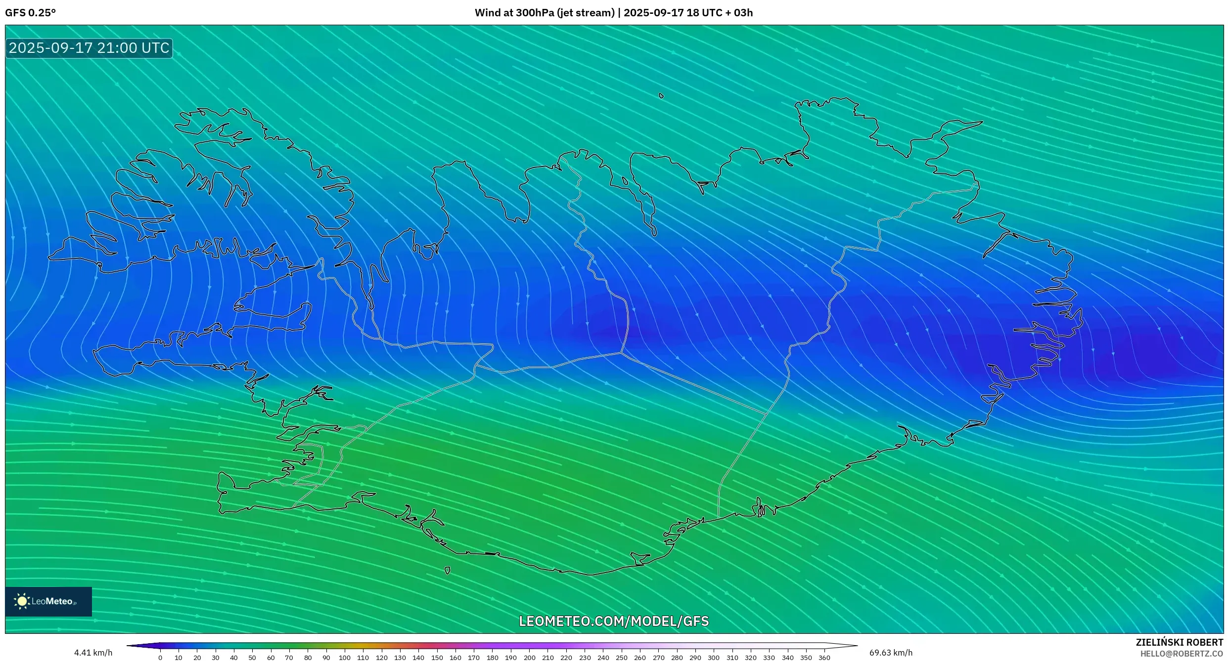 GFS model - Iceland, Wind at 300hPa (jet stream)