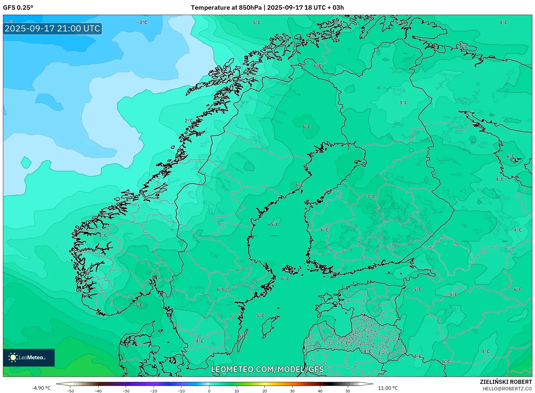 GFS model - Scandinavia, Temperature at 850hPa