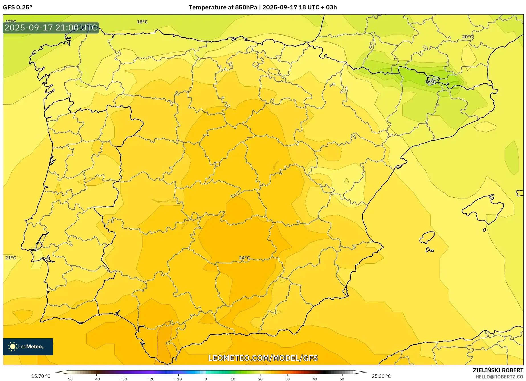 GFS model - Spain, Temperature at 850hPa