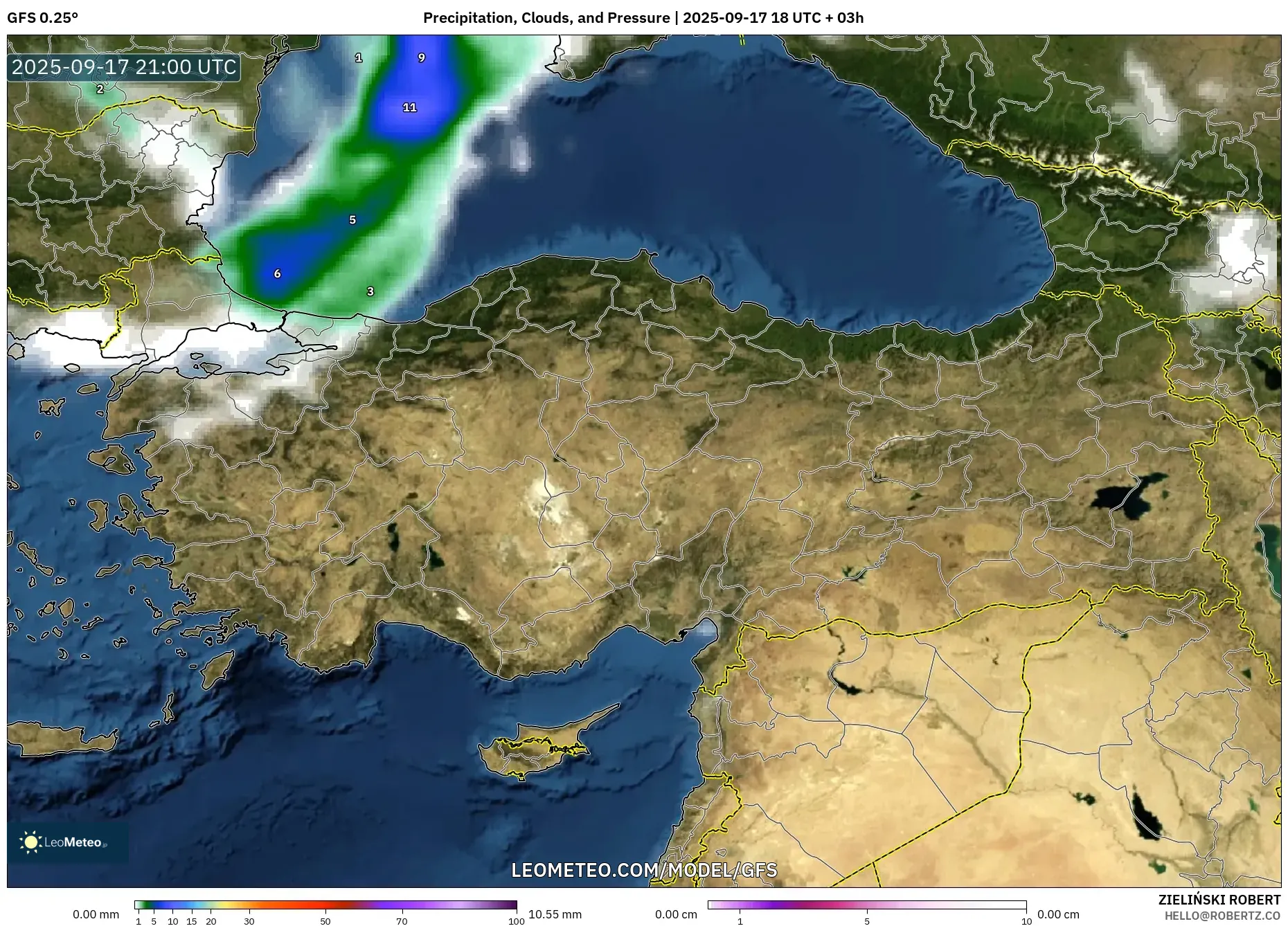 GFS model - Turkey, Precipitation, Clouds, and Pressure