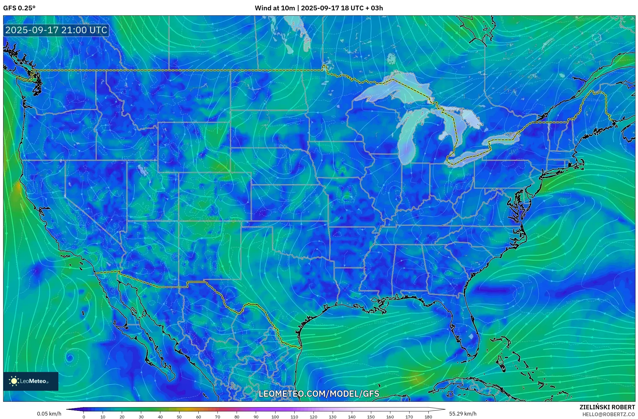 GFS model - United States, Wind at 10m