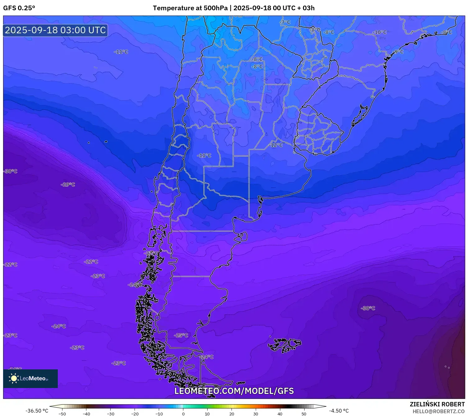 GFS model - Argentina, Temperature at 500hPa