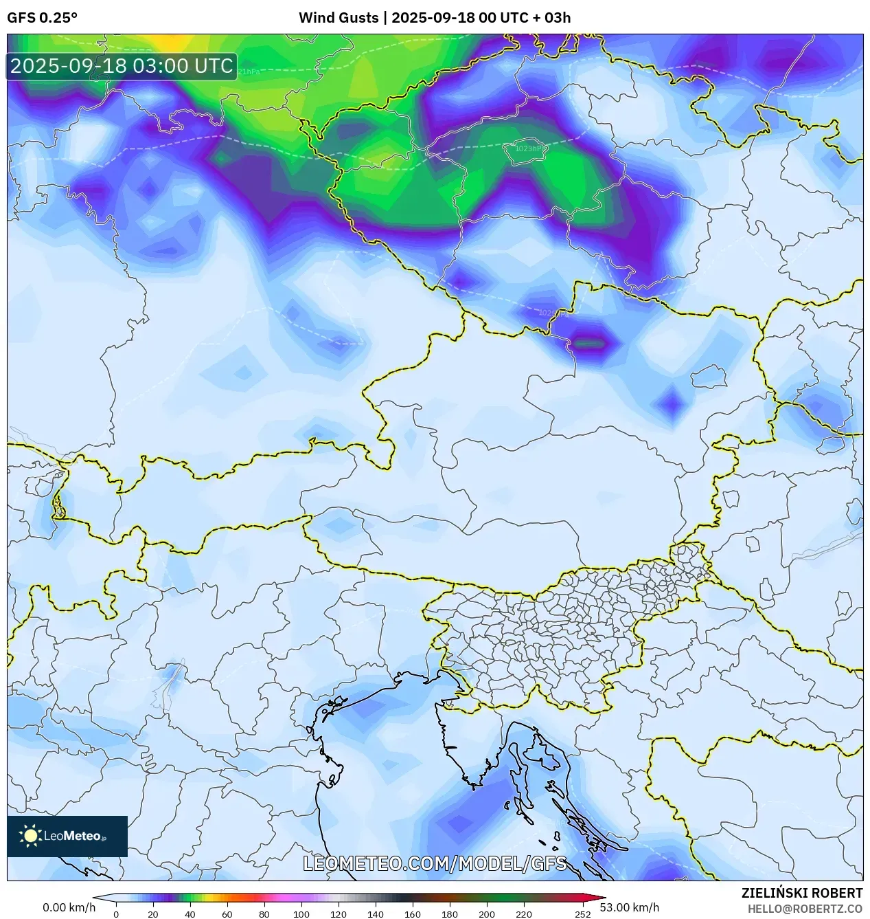 GFS model - Austria, Wind Gusts