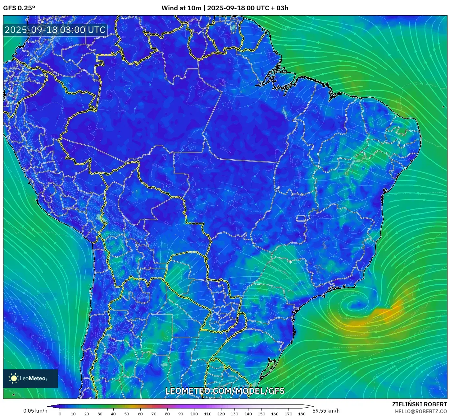 GFS model - Brazil, Wind at 10m GFS model - Brazil, Wind at 10m