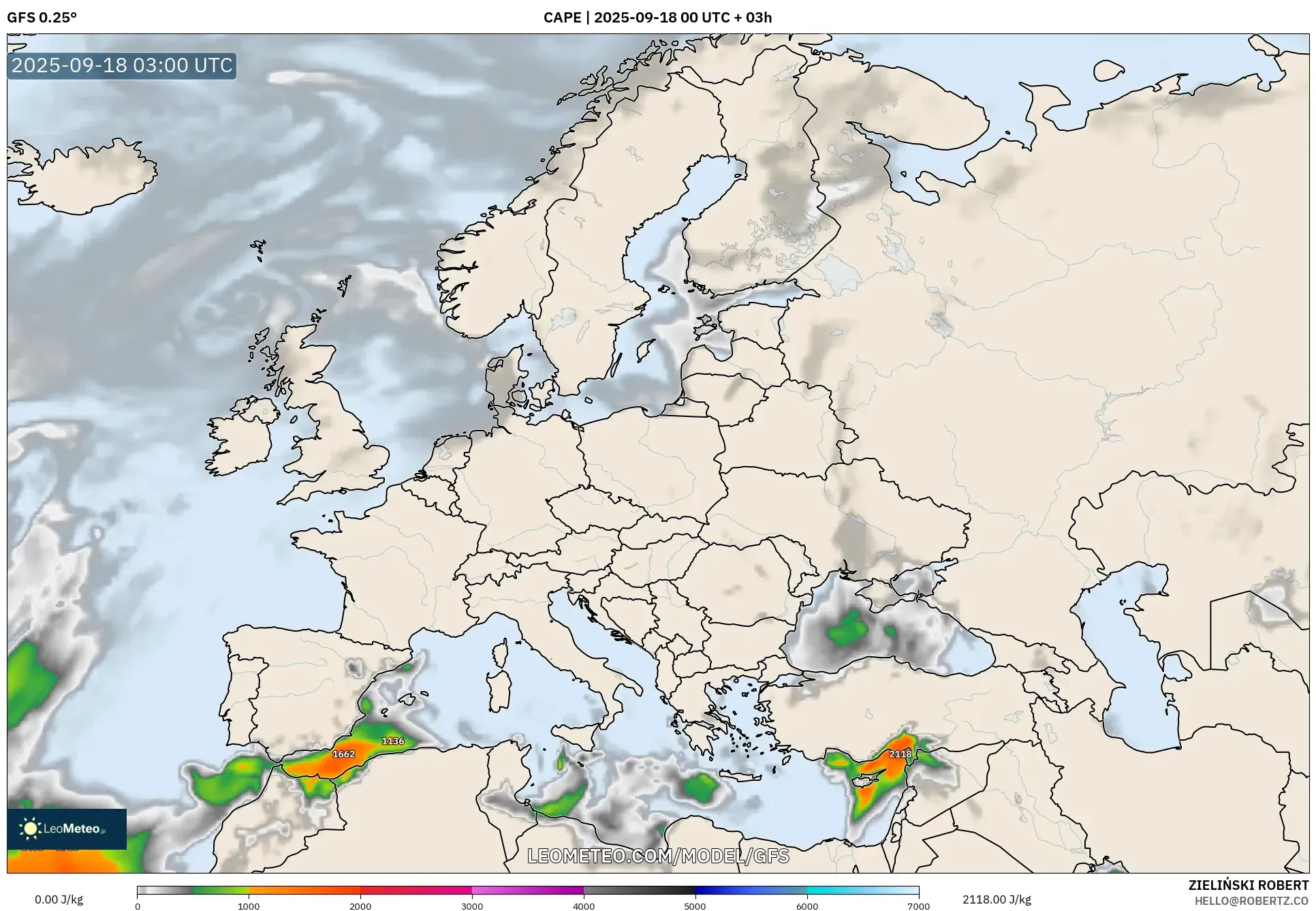 GFS model - Europe, CAPE
