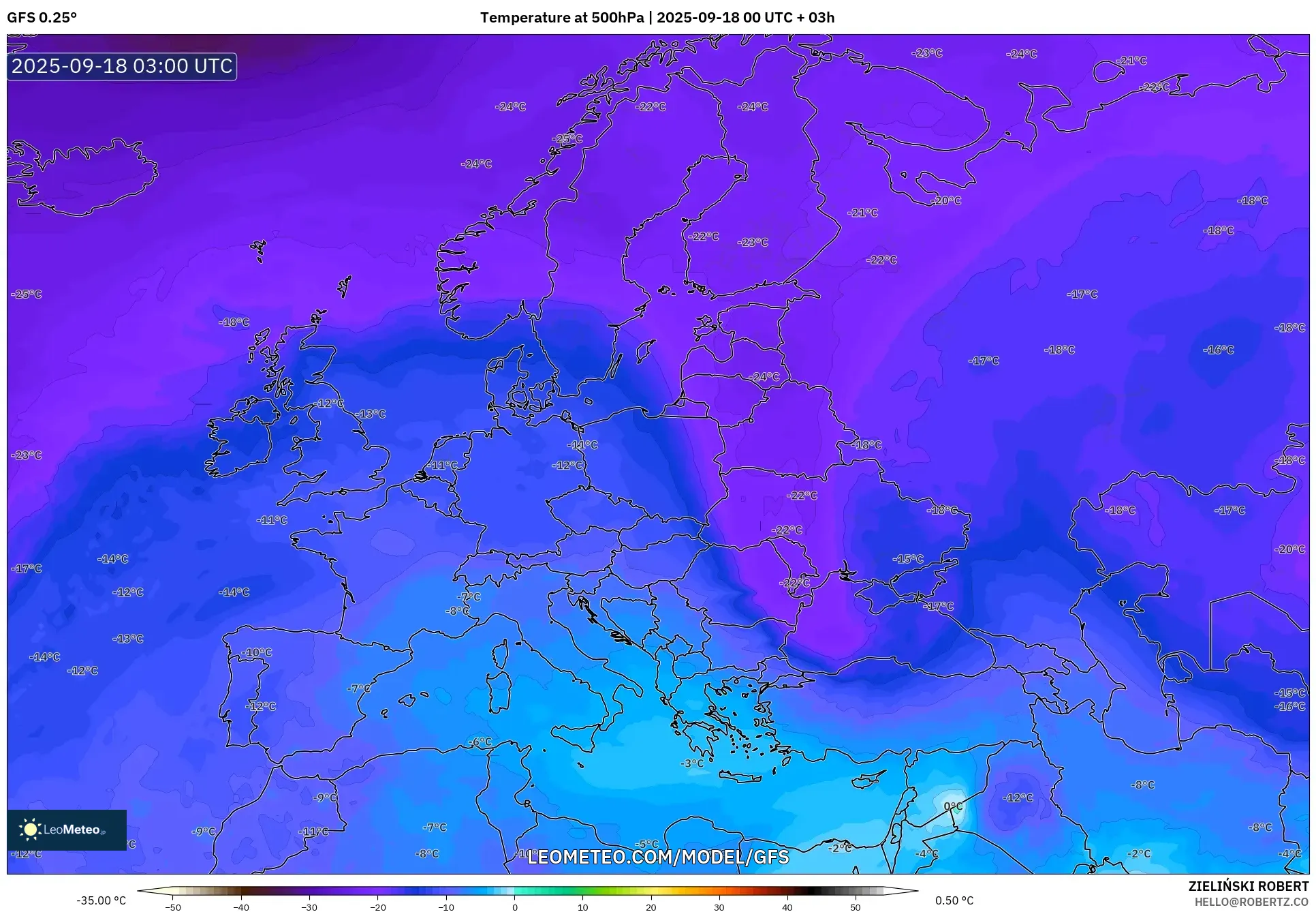 GFS model - Europe, Temperature at 500hPa