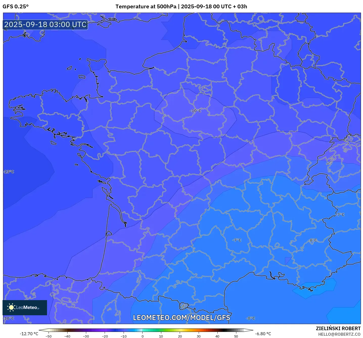 GFS model - France, Temperature at 500hPa