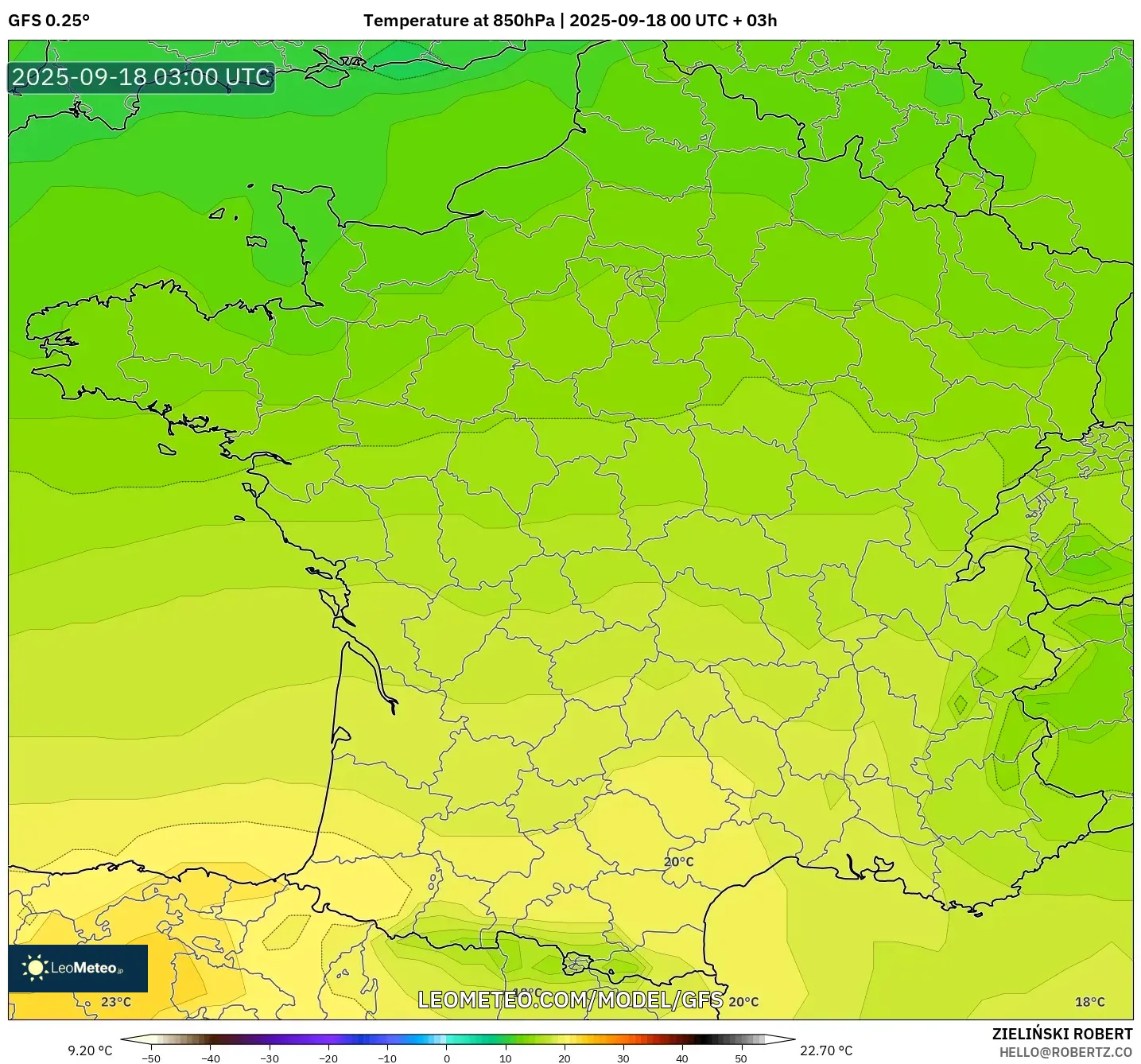 GFS model - France, Temperature at 850hPa