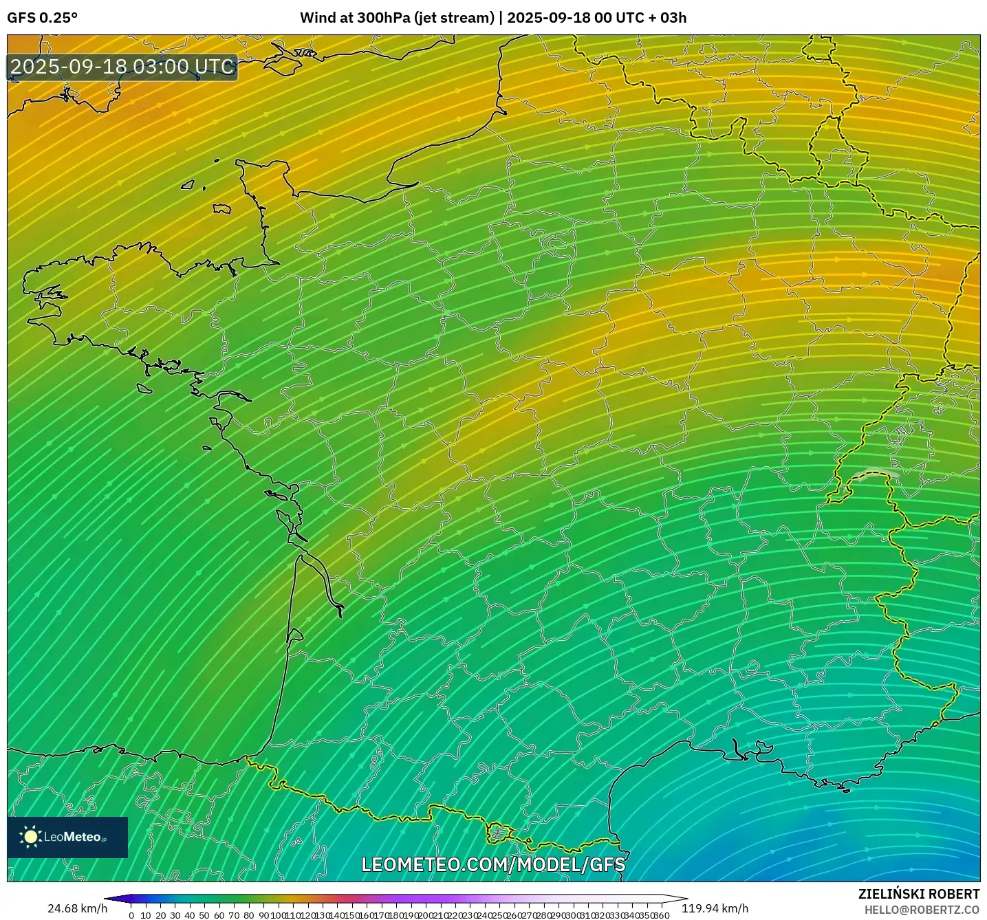 GFS model - France, Wind at 300hPa (jet stream)