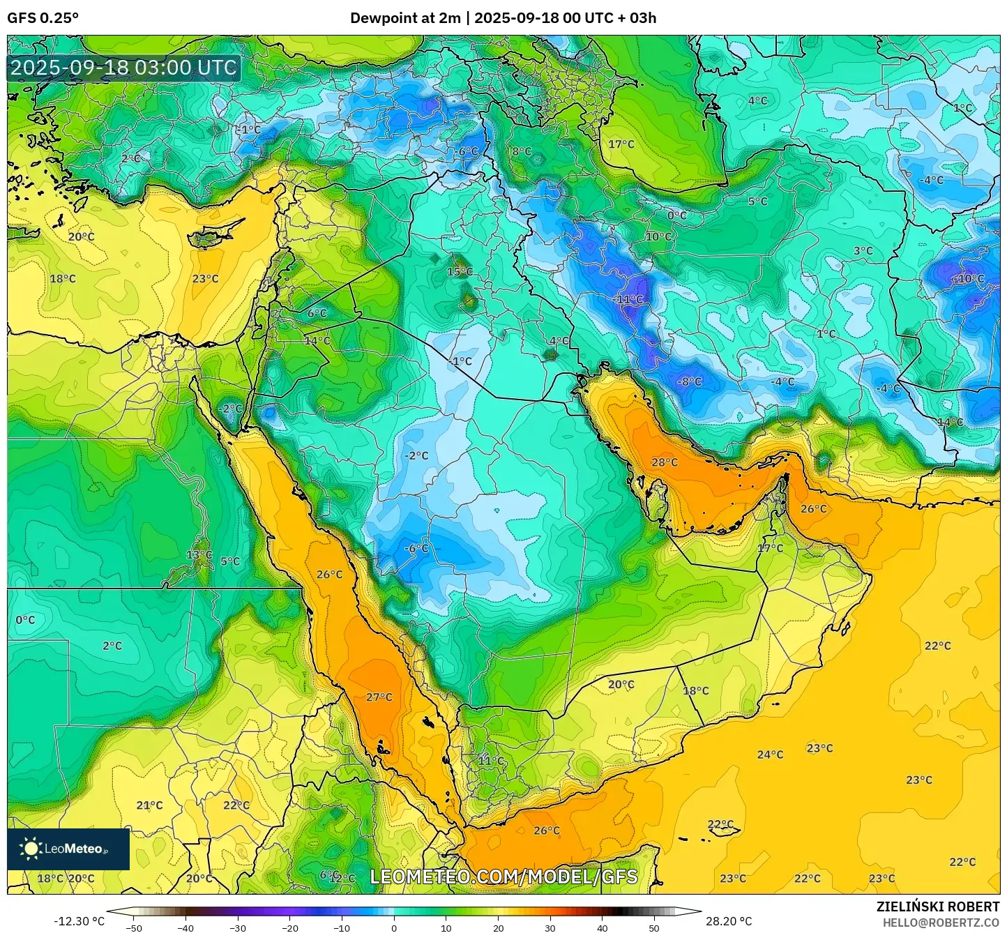 GFS model - Middle East, Dewpoint at 2m