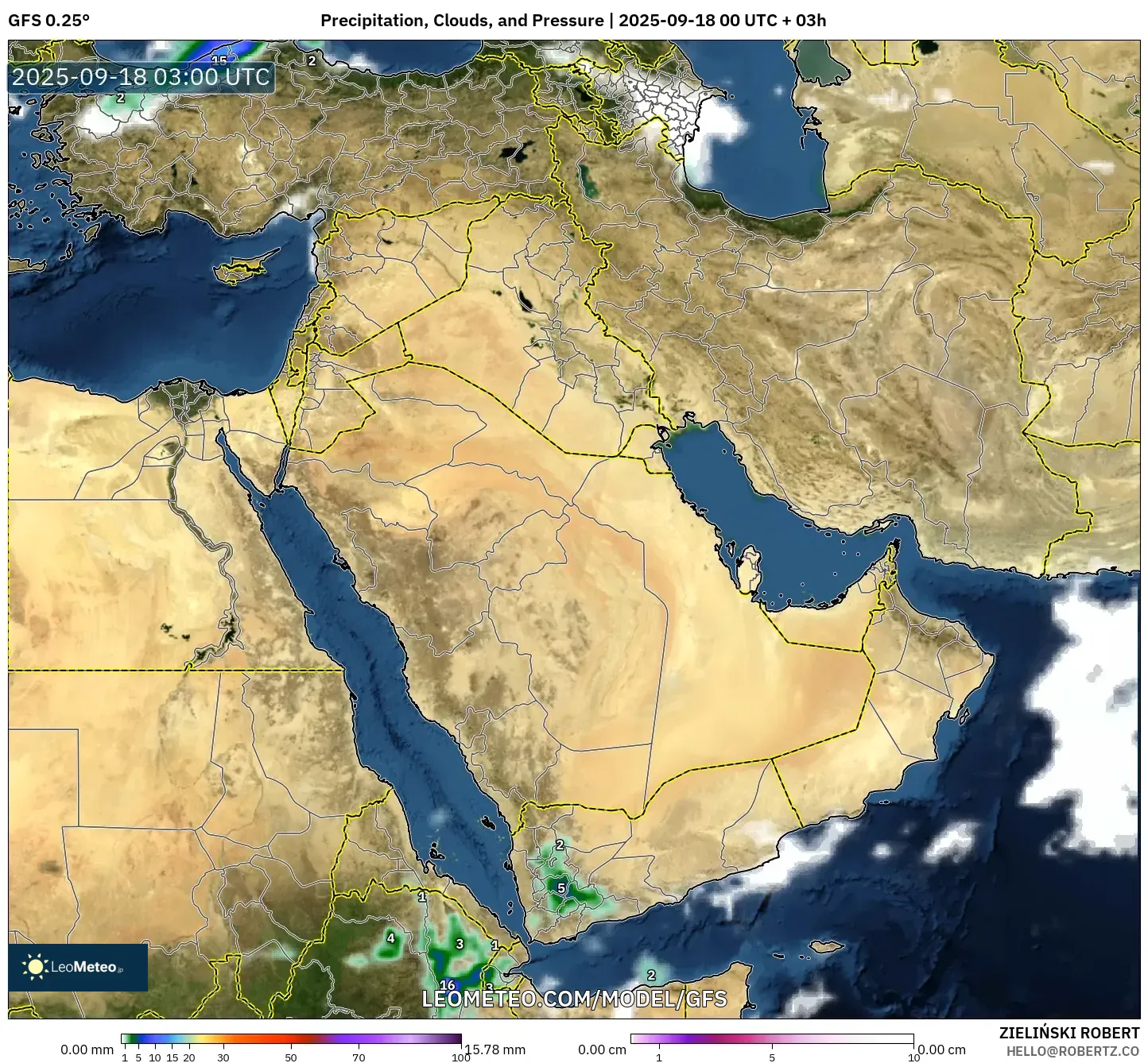 GFS model - Middle East, Precipitation, Clouds, and Pressure