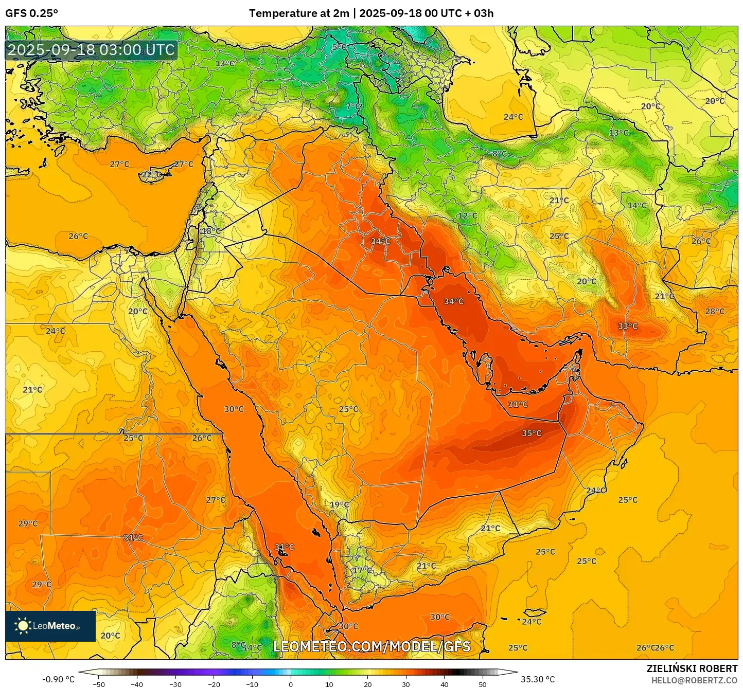 GFS model - Middle East, Temperature at 2m