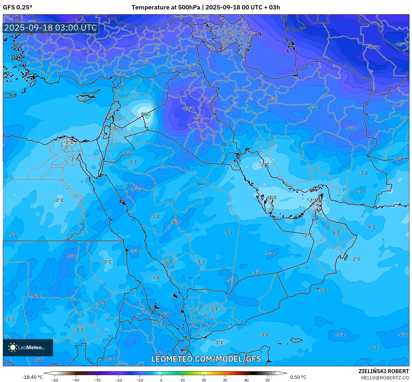 GFS model - Middle East, Temperature at 500hPa