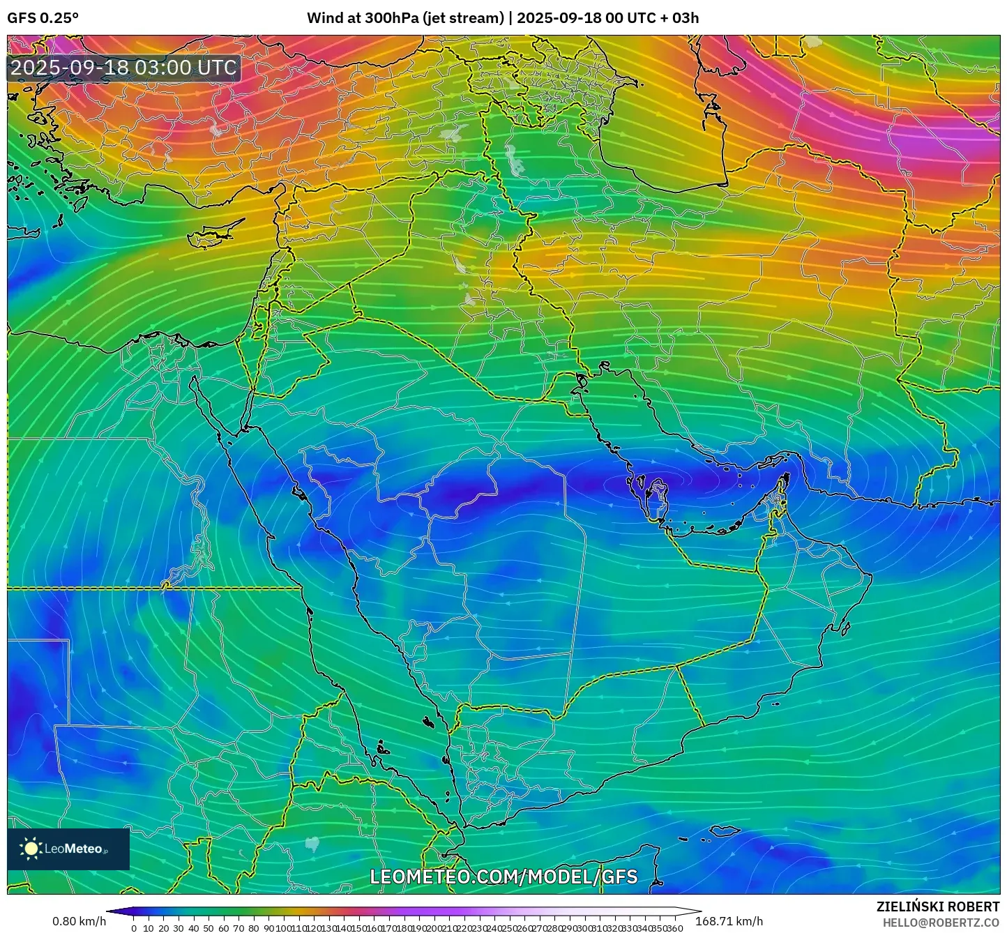 GFS model - Middle East, Wind at 300hPa (jet stream)