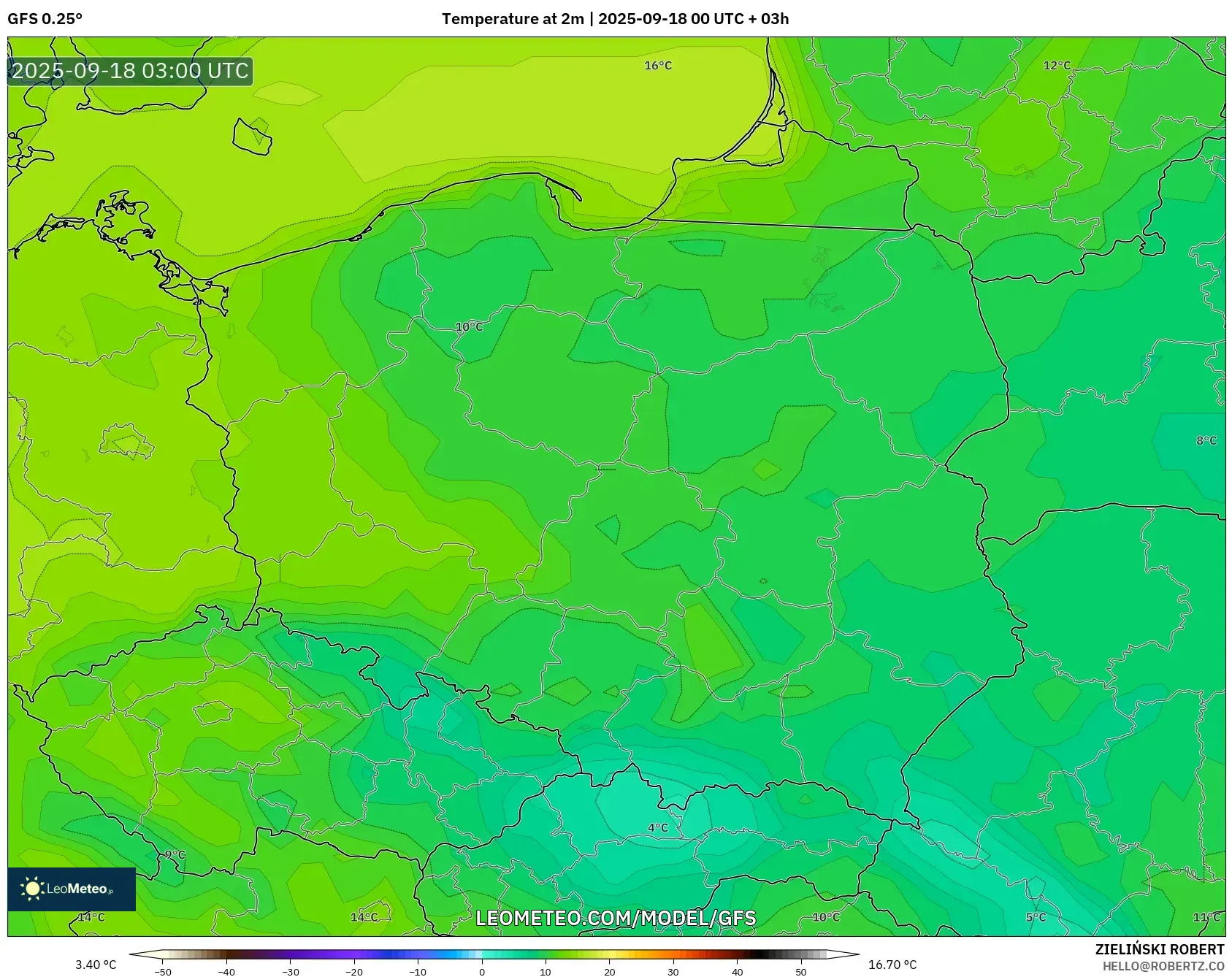 GFS model - Poland, Temperature at 2m GFS model - Poland, Temperature at 2m