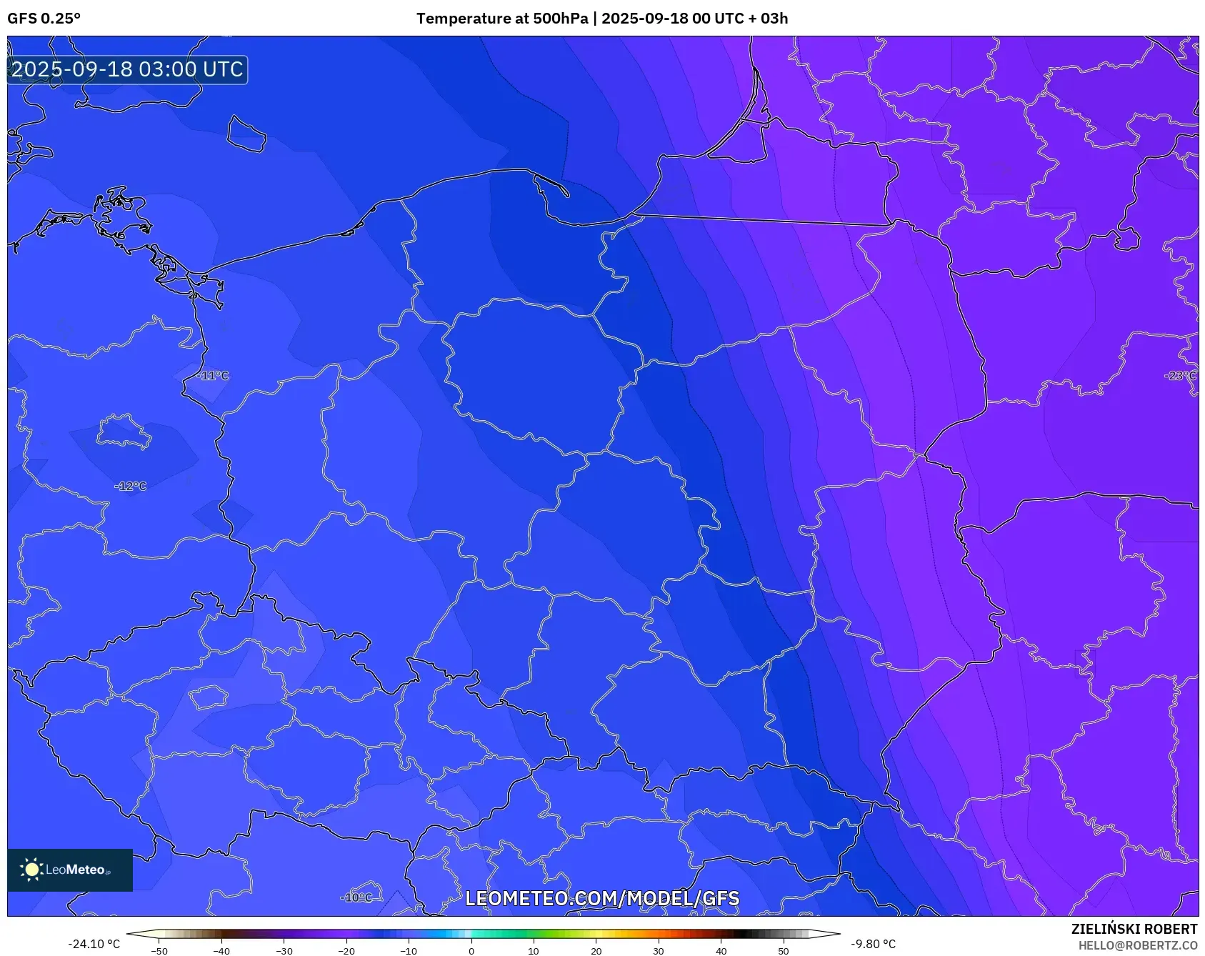 GFS model - Poland, Temperature at 500hPa
