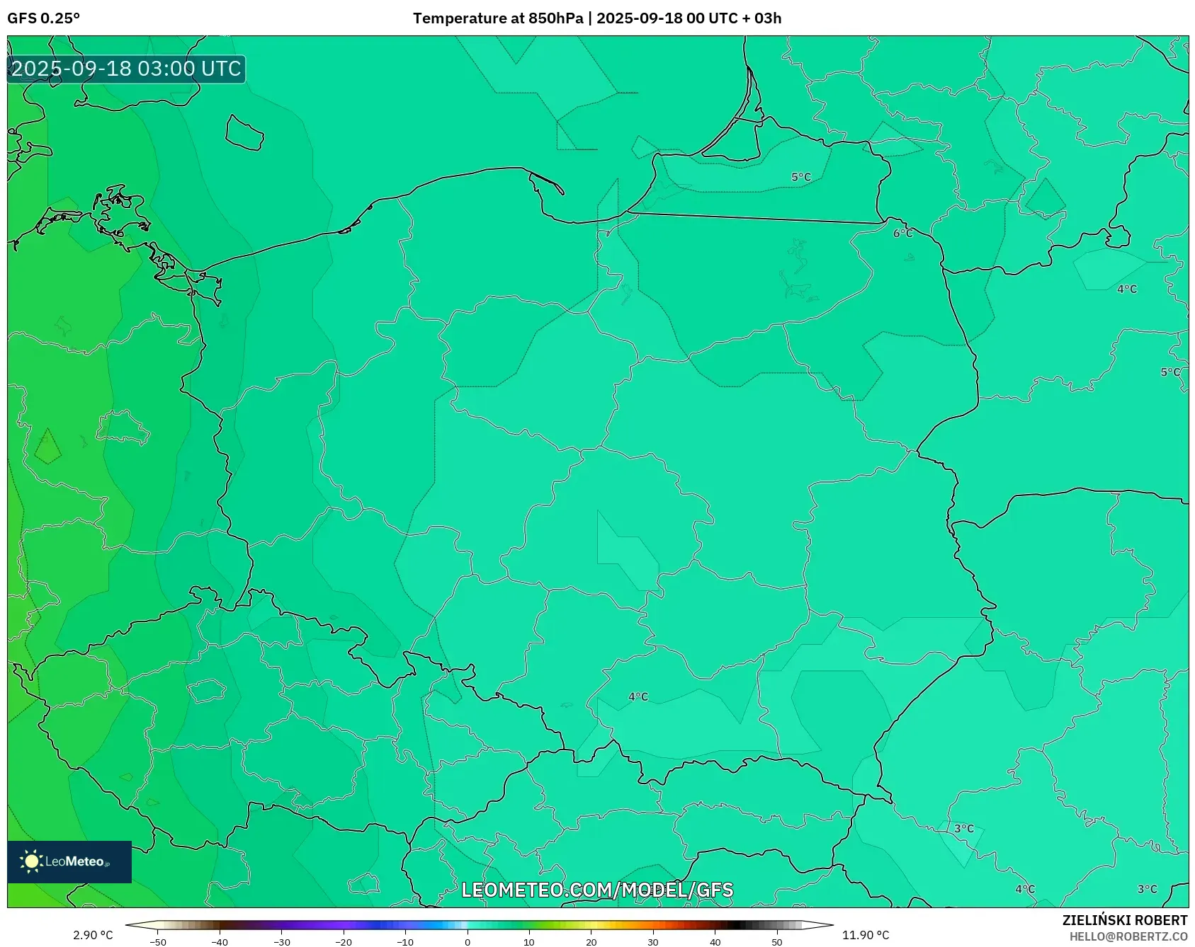 GFS model - Poland, Temperature at 850hPa