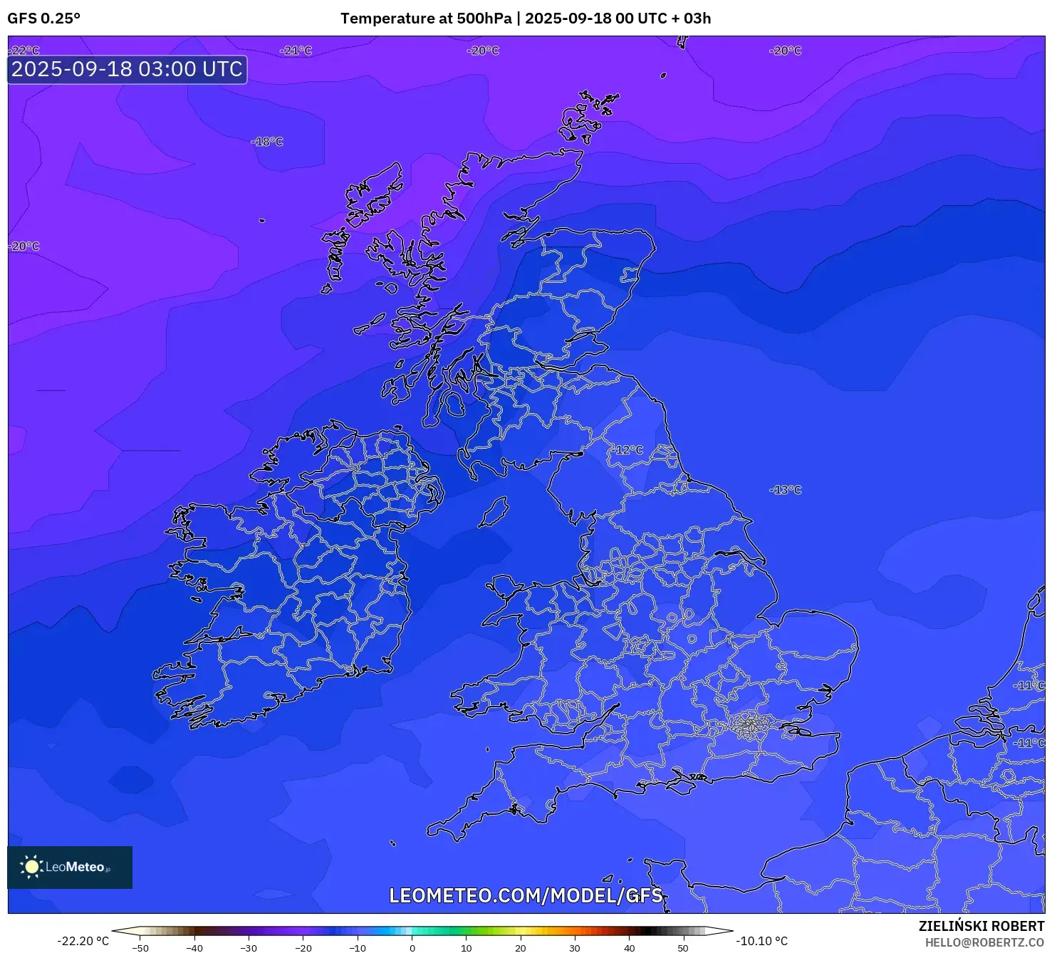 GFS model - United Kingdom, Temperature at 500hPa