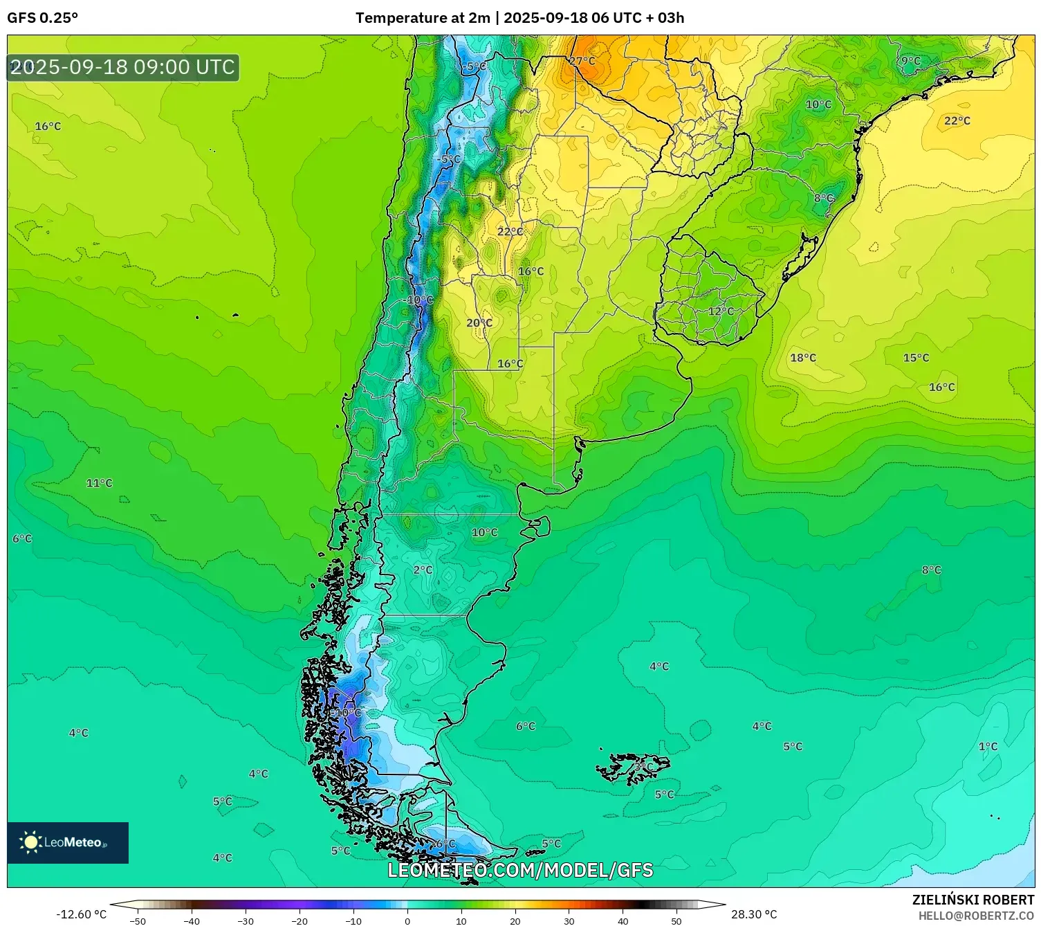 GFS model - Argentina, Temperature at 2m