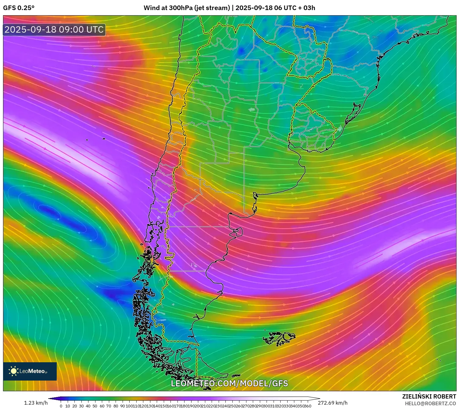 GFS model - Argentina, Wind at 300hPa (jet stream)