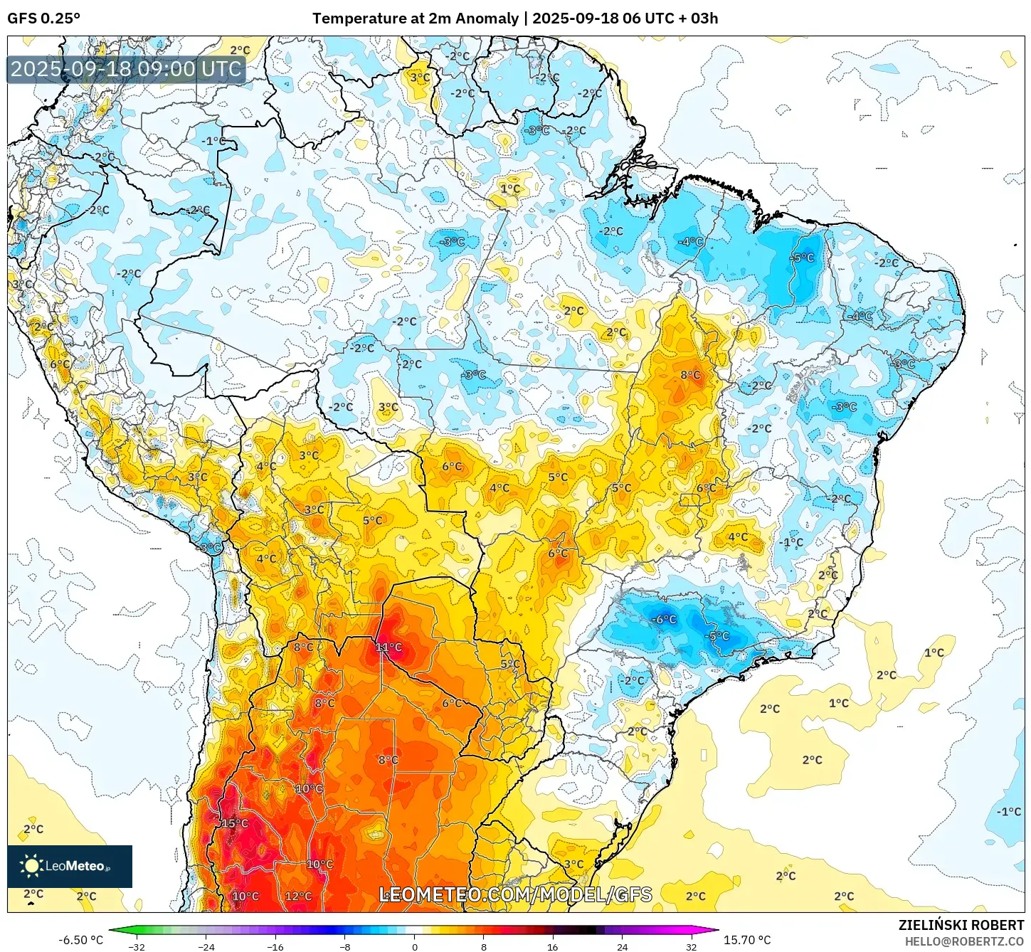 GFS model - Brazil, Temperature at 2m Anomaly