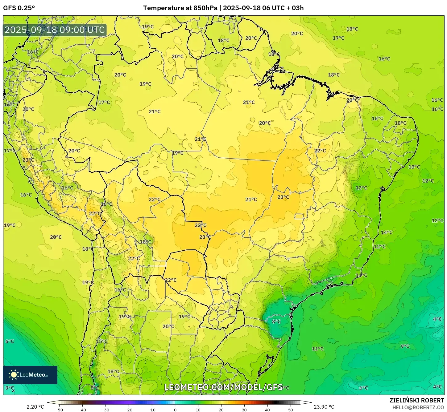 GFS model - Brazil, Temperature at 850hPa