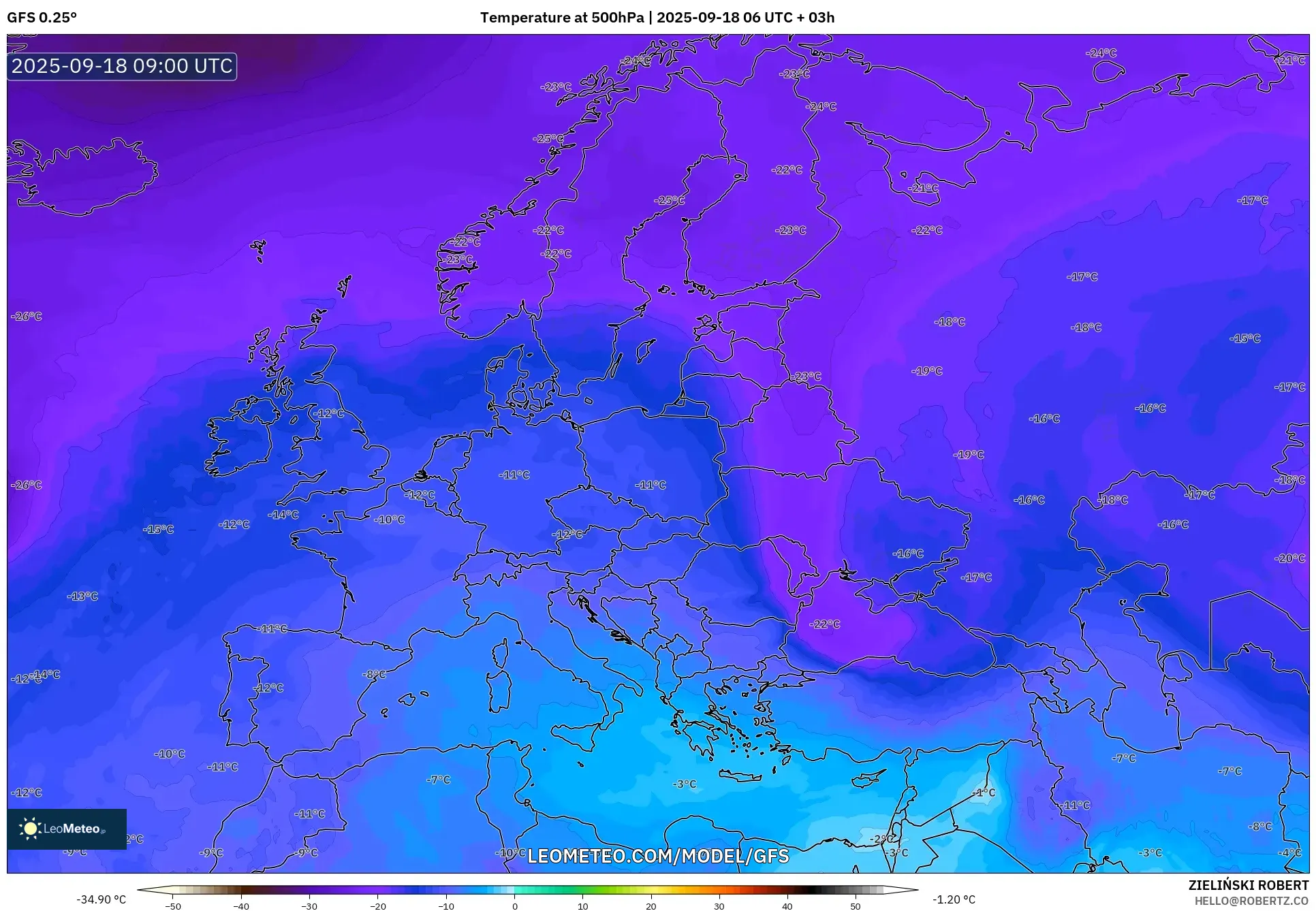 GFS model - Europe, Temperature at 500hPa